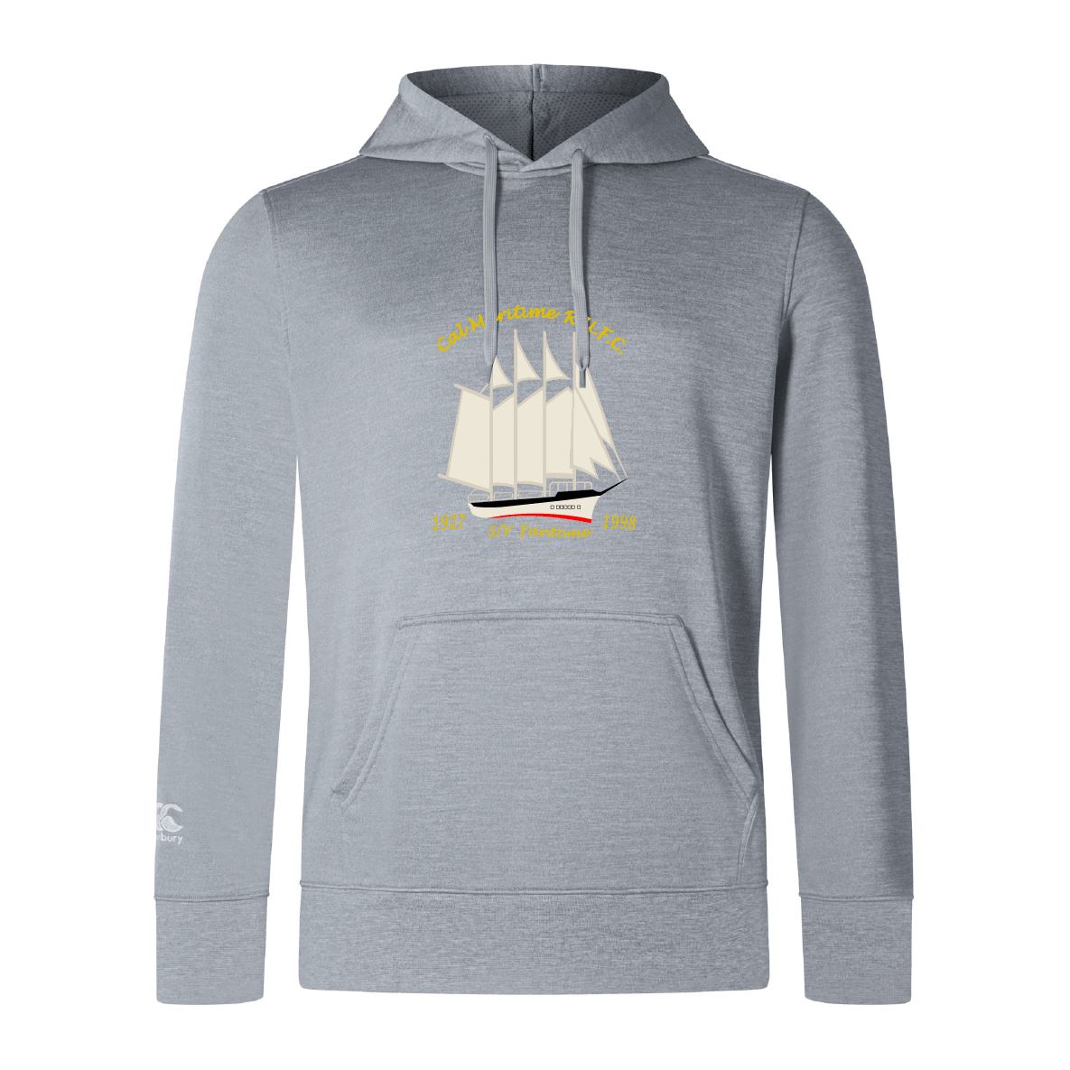 The Cal Maritime Rugby Club Lightweight Hoodie by WRS Canterbury features a sailboat illustration with yellow text, kangaroo pocket, and drawstrings—ideal for club outings.