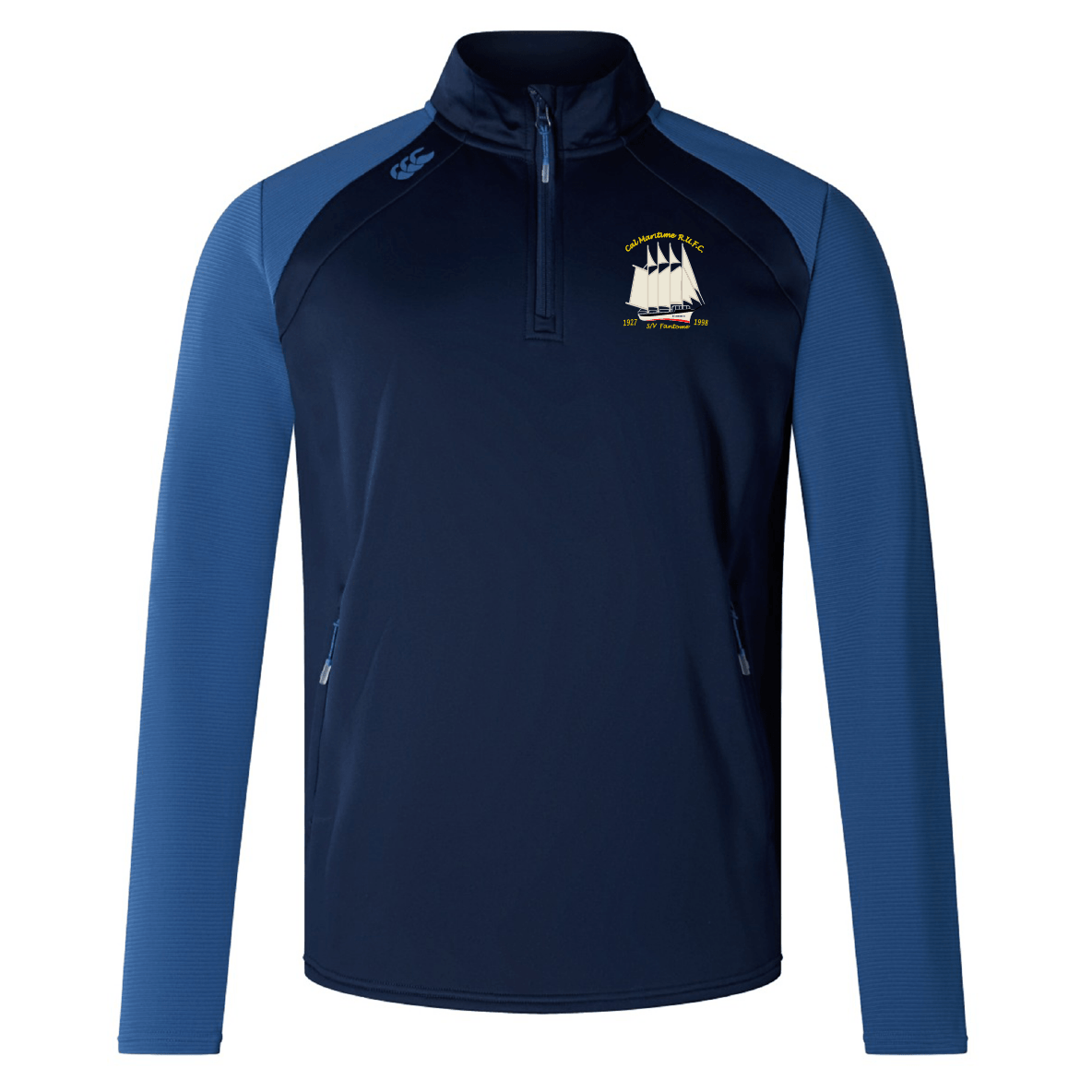 The Cal Maritime Rugby Club 1/4 Zip Mid Layer Training Top by EMB Canterbury features navy and royal blue, long sleeves, zippered pockets, and an embroidered ship logo—ideal custom sportswear or a stylish rugby training top.