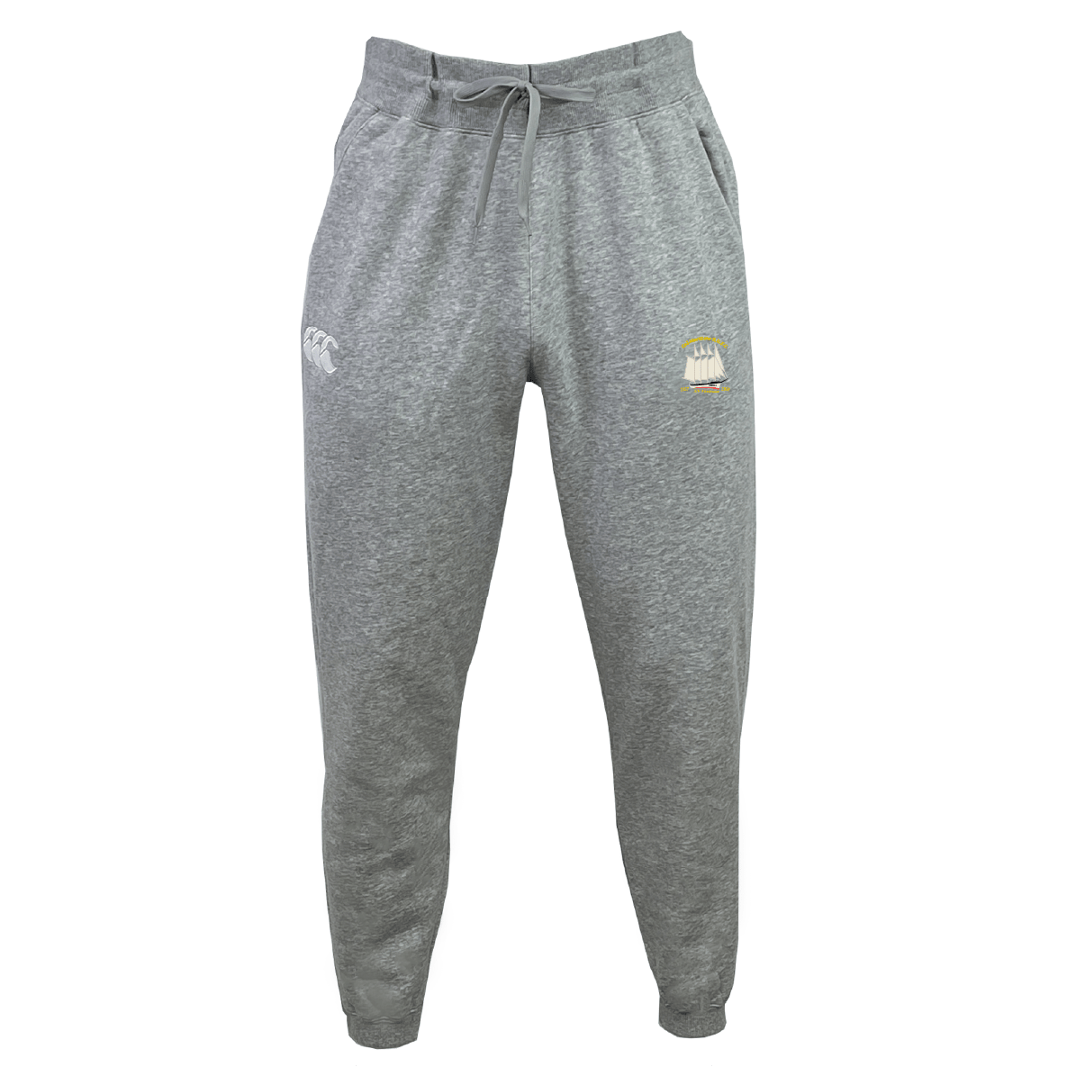 The Cal Maritime Rugby Leisure Sweatpant by EMB Canterbury features a light grey design, elastic waistband, drawstring, and two embroidered thigh logos—crafted for both comfort and style.