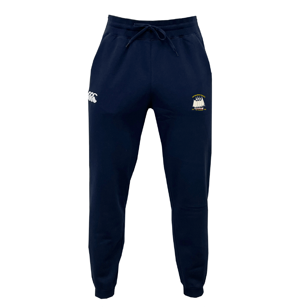 The Cal Maritime Rugby Leisure Sweatpant by EMB Canterbury is navy blue, made sustainably, features a drawstring waist, and has two small embroidered logos on the upper front thighs.