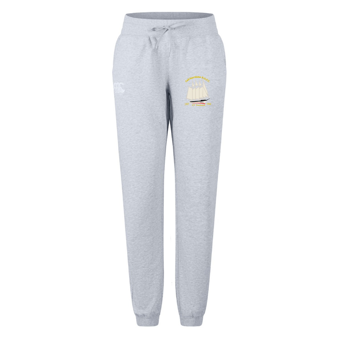 The Cal Maritime Rugby Women's Leisure Sweatpant by EMB Canterbury features light gray organic cotton, an elastic waistband, drawstring, cuffs, and a small sailboat with yellow text on the left thigh for a stylish leisure look.