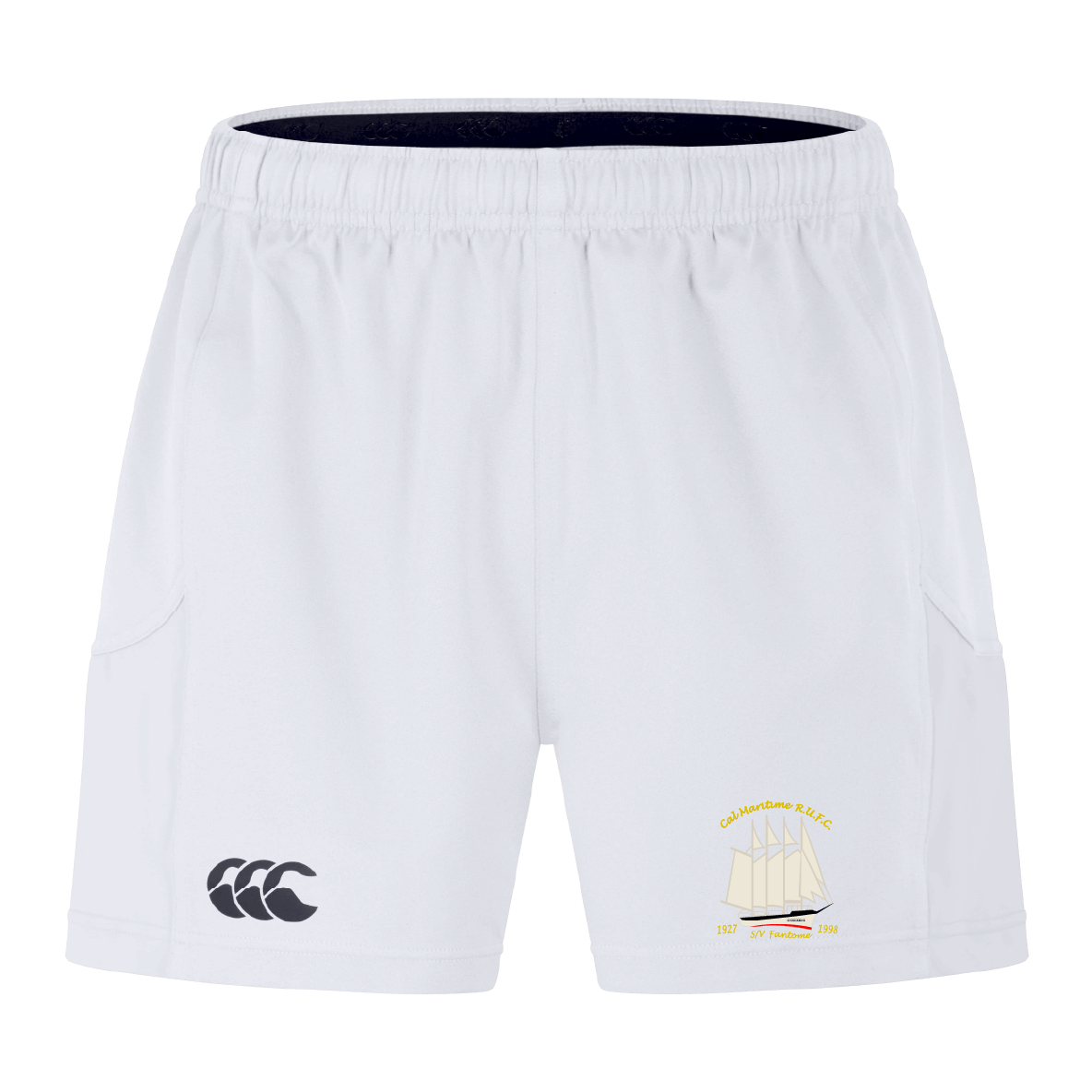 The Cal Maritime Rugby Advantage Short 2.0 by EMB Canterbury features a white design, elastic waistband, black Canterbury logo on the left leg, and a yellow club emblem with text and bridge graphic on the right—ideal for training.