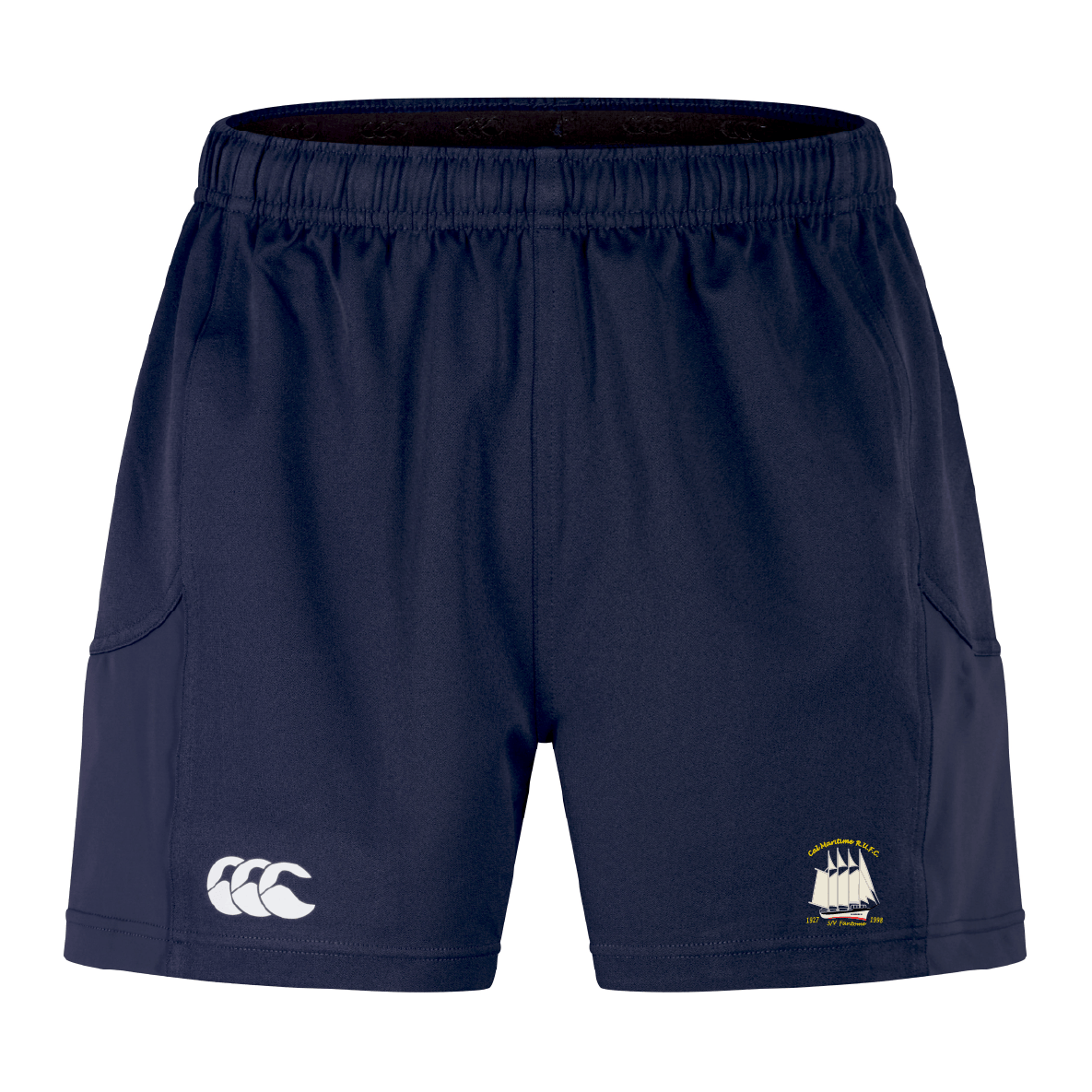 The EMB Canterbury Cal Maritime Rugby Advantage Short 2.0 features a navy blue design, elastic waistband, white logo on the left leg, and ship emblem on the right—ideal sustainable sportswear for fans.