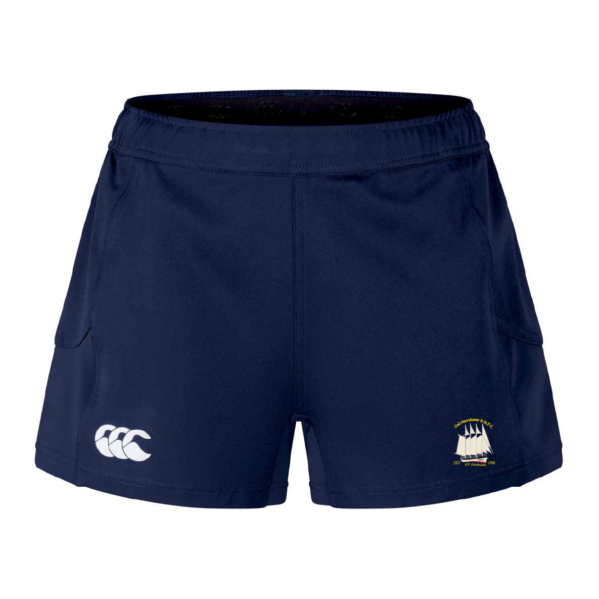 The Cal Maritime Rugby Women's Advantage Short 2.0 by EMB Canterbury features a white logo on the left leg and a small ship emblem on the right, displayed in navy blue against a white background.