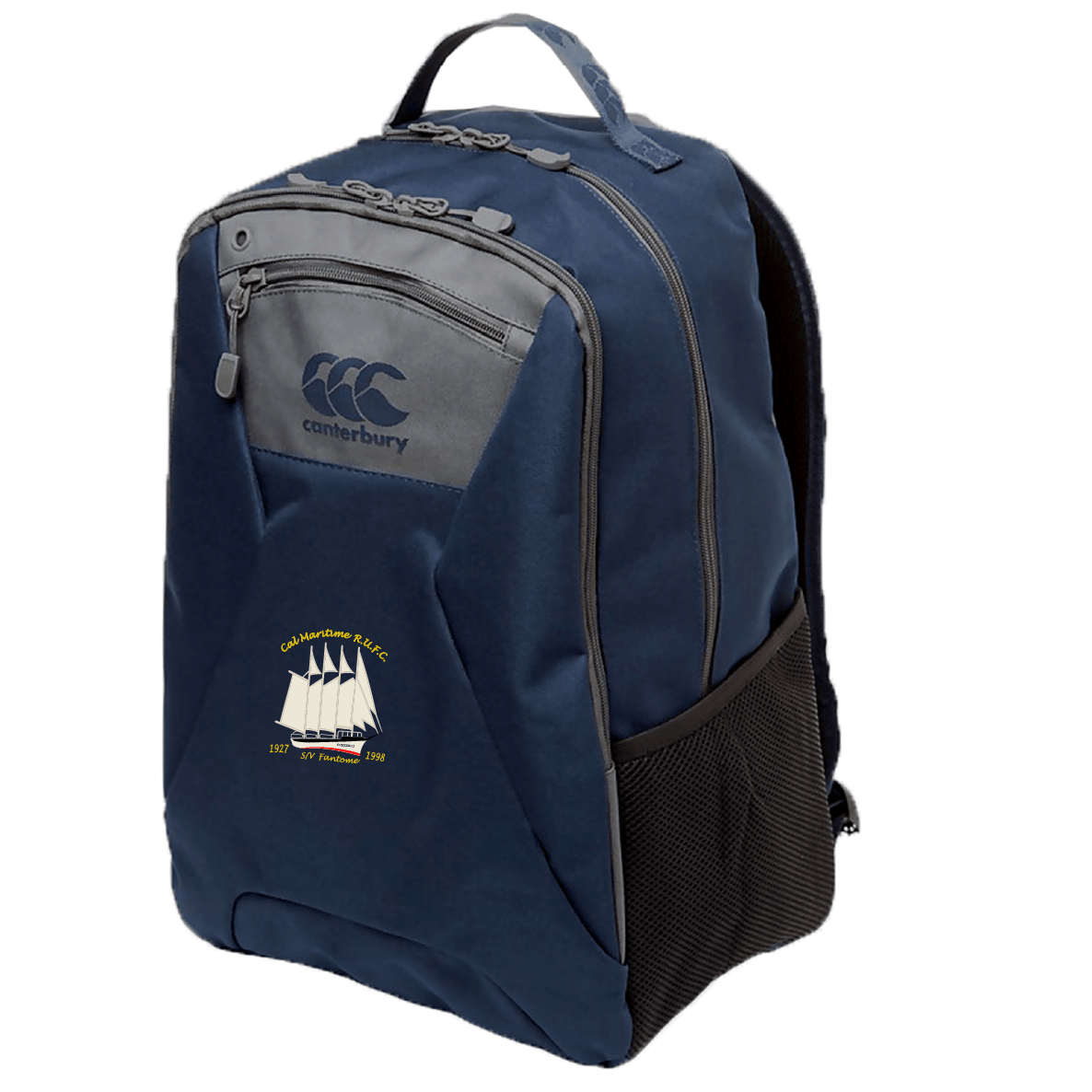 The Cal Maritime Rugby Medium Backpack by EMB Canterbury features a navy blue design, top handle, front zip pocket, side mesh pocket, padded laptop pocket, and an embroidered sailing ship logo—ideal for daily athletic use.