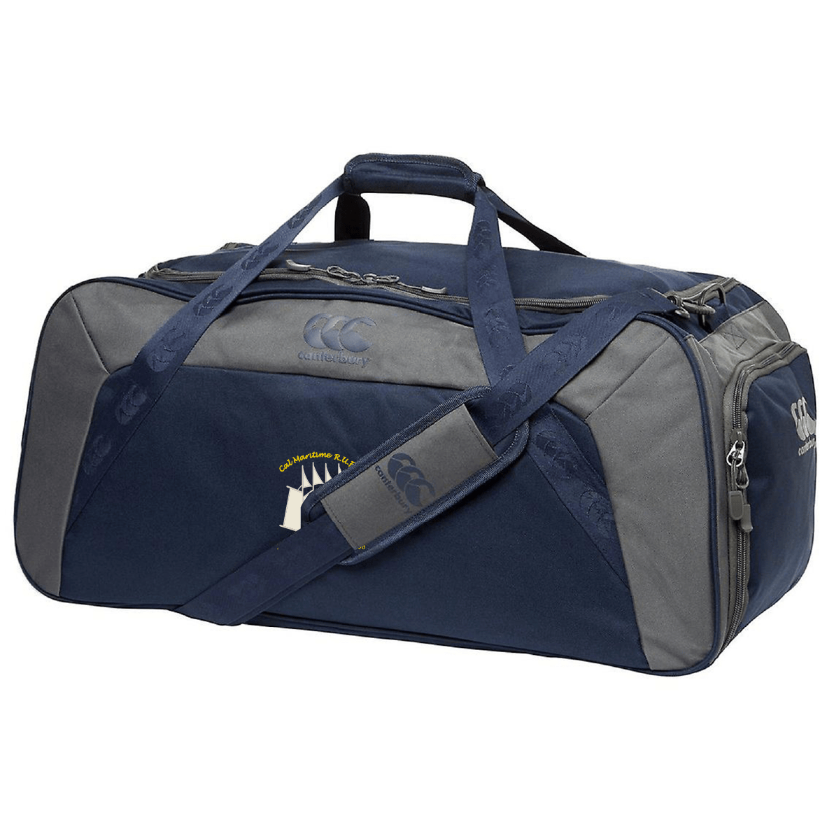 The Cal Maritime Rugby Holdall Duffle Bag by EMB Canterbury features navy blue and gray colors, multiple zippered compartments, an adjustable shoulder strap, and water-repellent fabric—ideal for your rugby gear.
