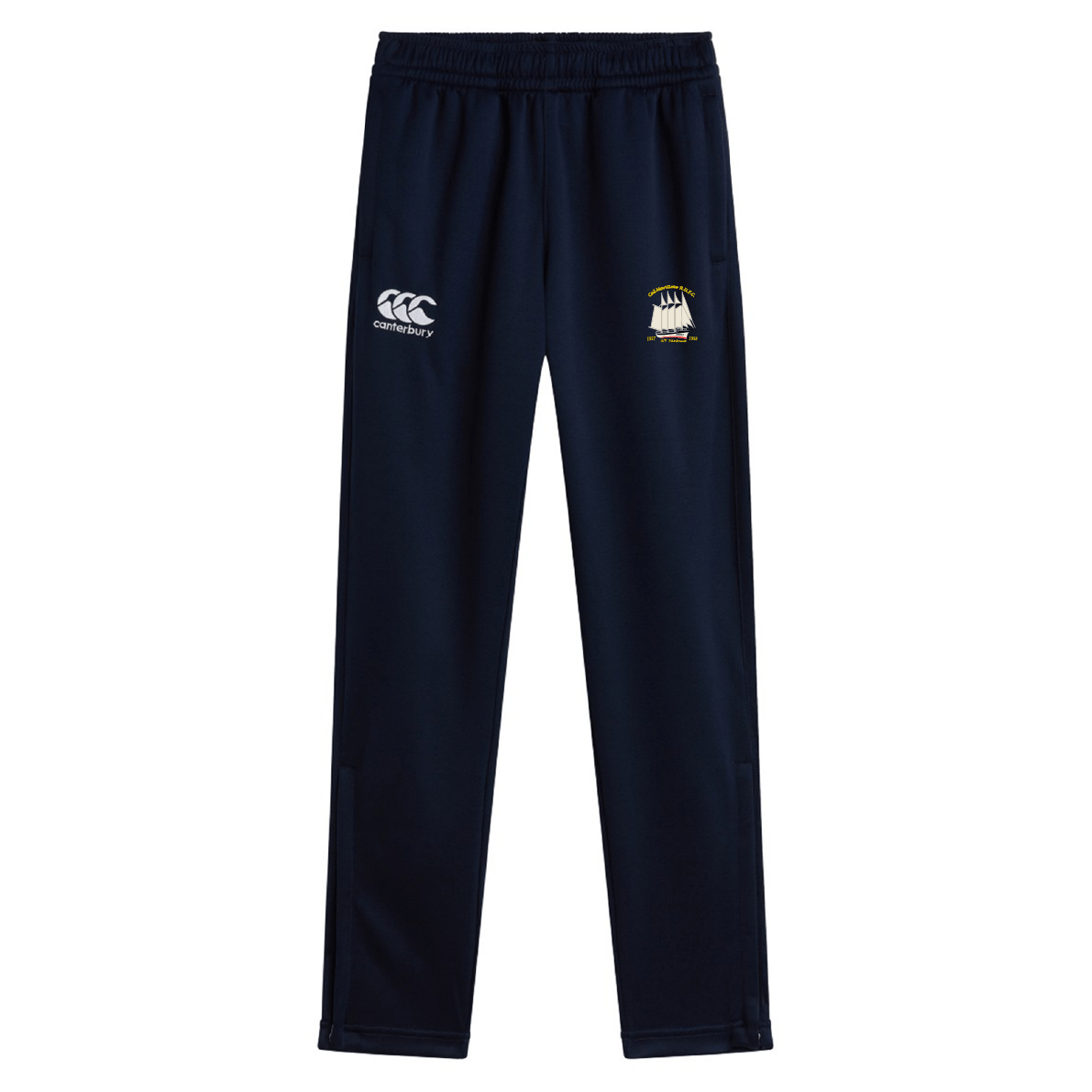 The Cal Maritime Rugby Stretch Tapered Pant by EMB Canterbury features a navy blue design, elastic waistband, quick dry fabric, the Canterbury logo, and a crest on the front—ideal men's workout pants.