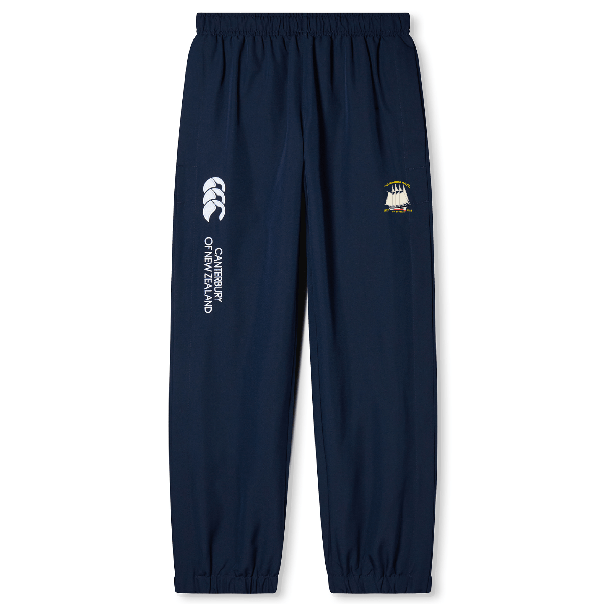 The Cal Maritime Rugby Cuffed Hem Stadium Pant by EMB Canterbury features an elastic waistband, cuffed hems, the "Canterbury of New Zealand" logo, and a small embroidered ship on the front—ideal men's rugby pants for comfort and style.