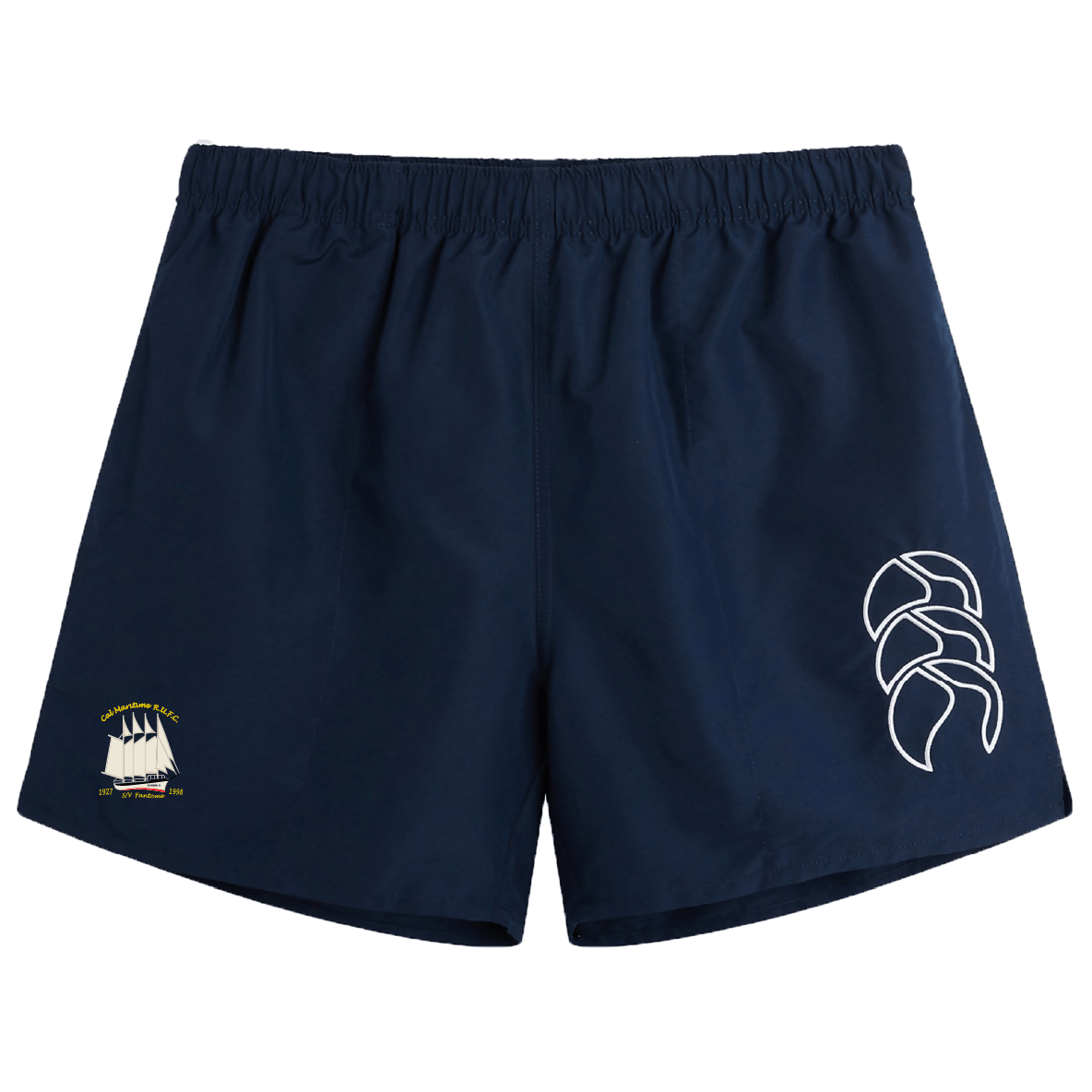 The Cal Maritime Rugby Tactic Short by EMB Canterbury features a navy design with a white geometric logo on the right leg and a small ship emblem on the left—ideal men's gym shorts or for rugby training.