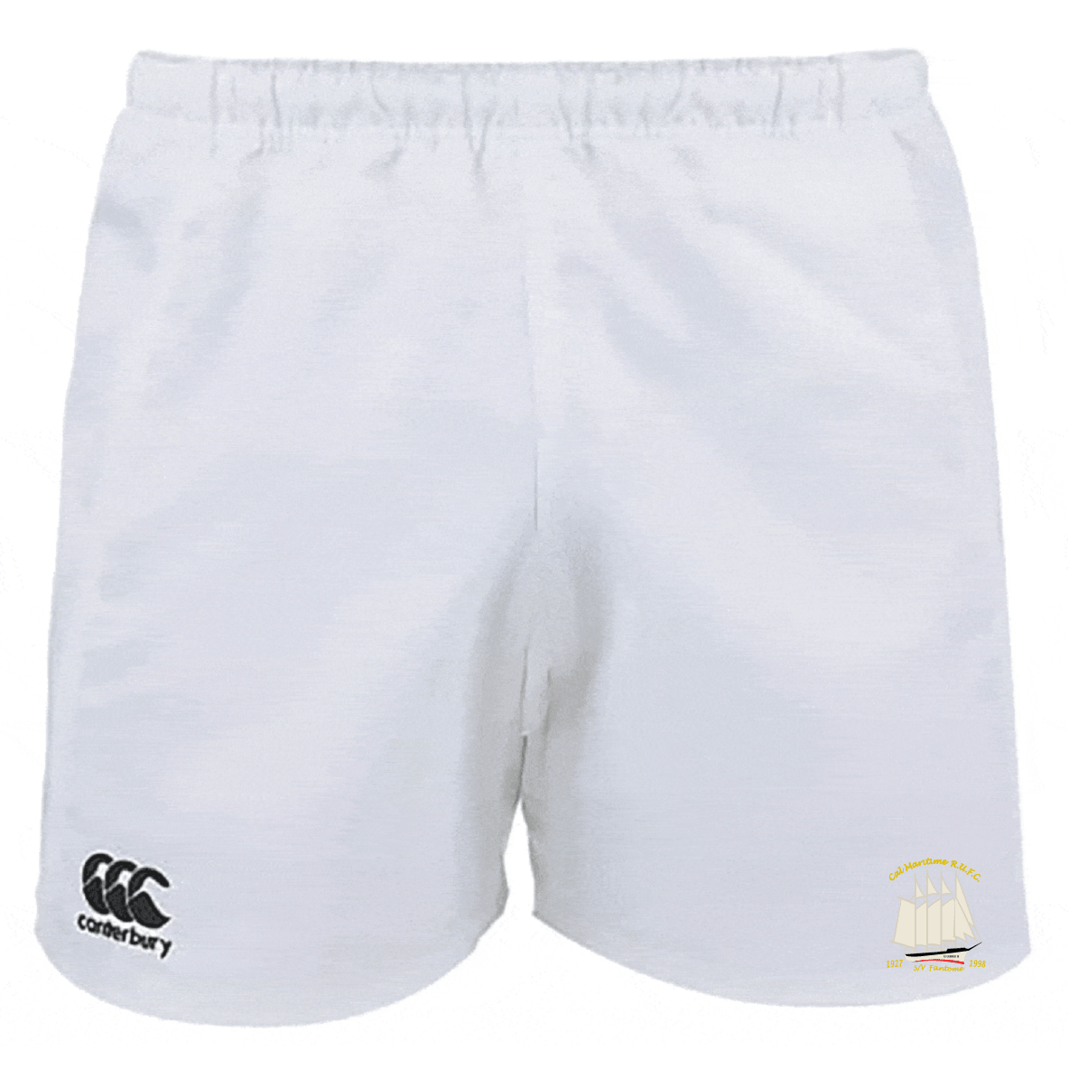 The Cal Maritime Rugby Professional Polyester Rugby Short by EMB Canterbury features an elastic waistband and showcases the Canterbury logo on the left leg and a small logo on the right.