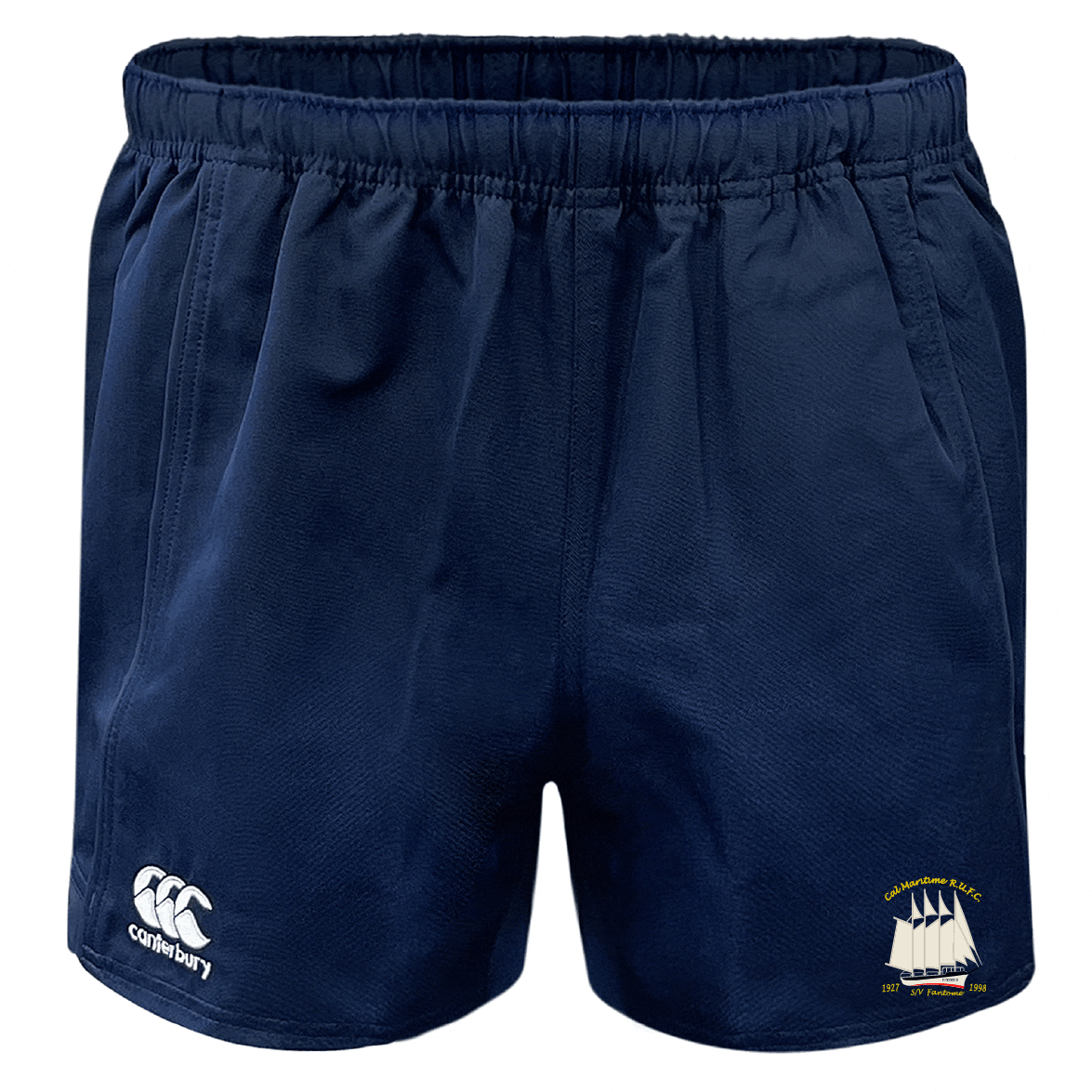 Navy blue Cal Maritime Rugby Advantage Rugby Shorts by EMB Canterbury, featuring an elastic waistband, the CCC logo on the left leg, and a sailboat emblem with text on the right leg.