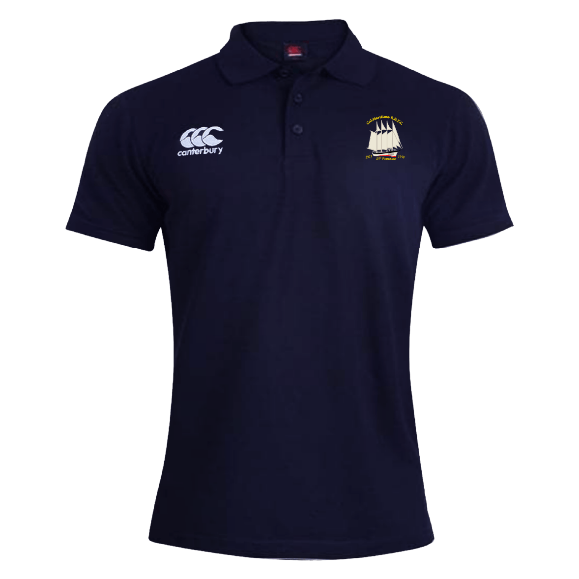 The Cal Maritime Rugby Waimak Polo by EMB Canterbury is a navy short-sleeve collared shirt with a Canterbury logo on the right chest and a sailboat emblem on the left—ideal as a stylish men's polo.