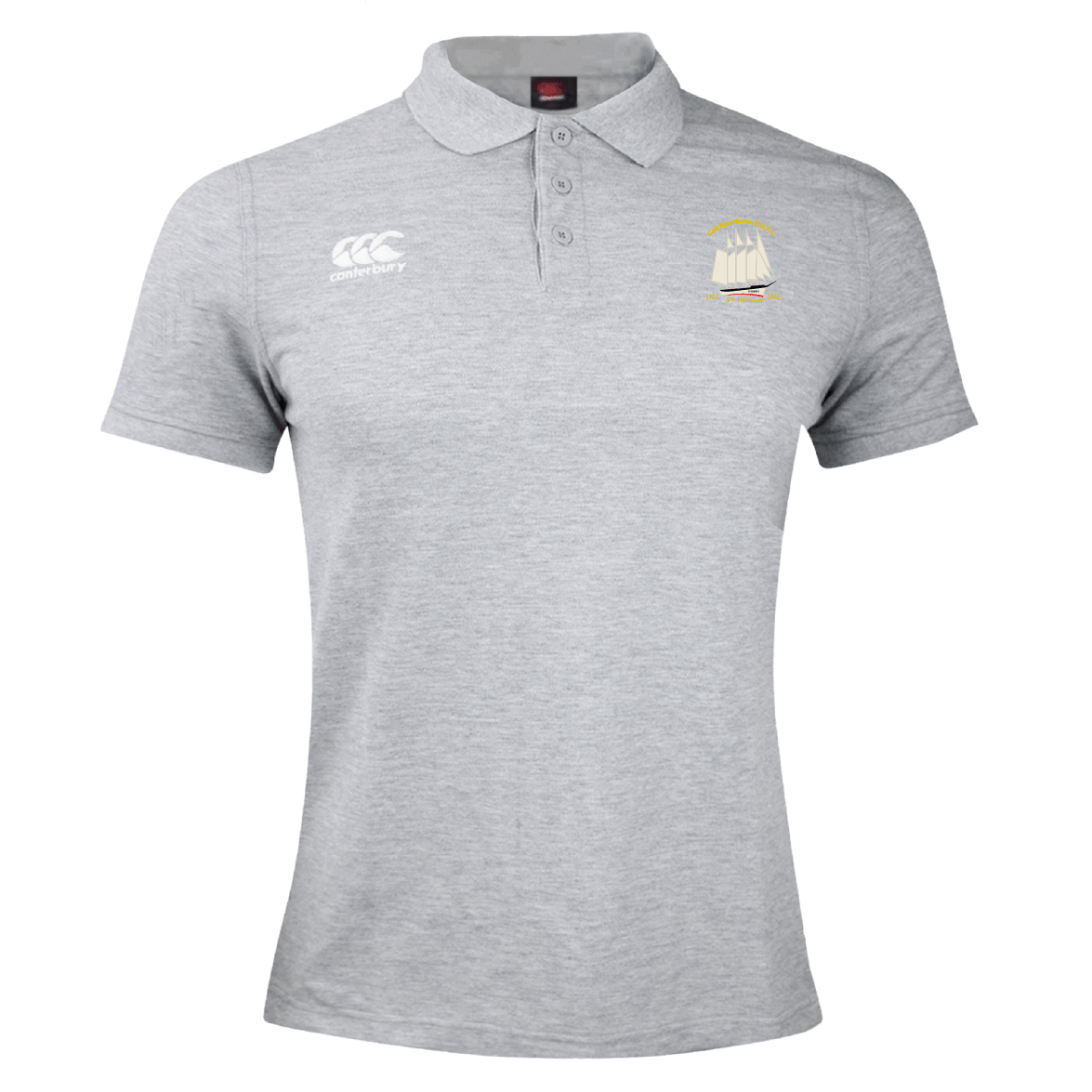 The Cal Maritime Rugby Waimak Polo by EMB Canterbury is a light grey men's polo with short sleeves, collar, and two chest embroidered logos, inspired by the classic CCC Waimak Rugby Polo for a sporty, stylish look.