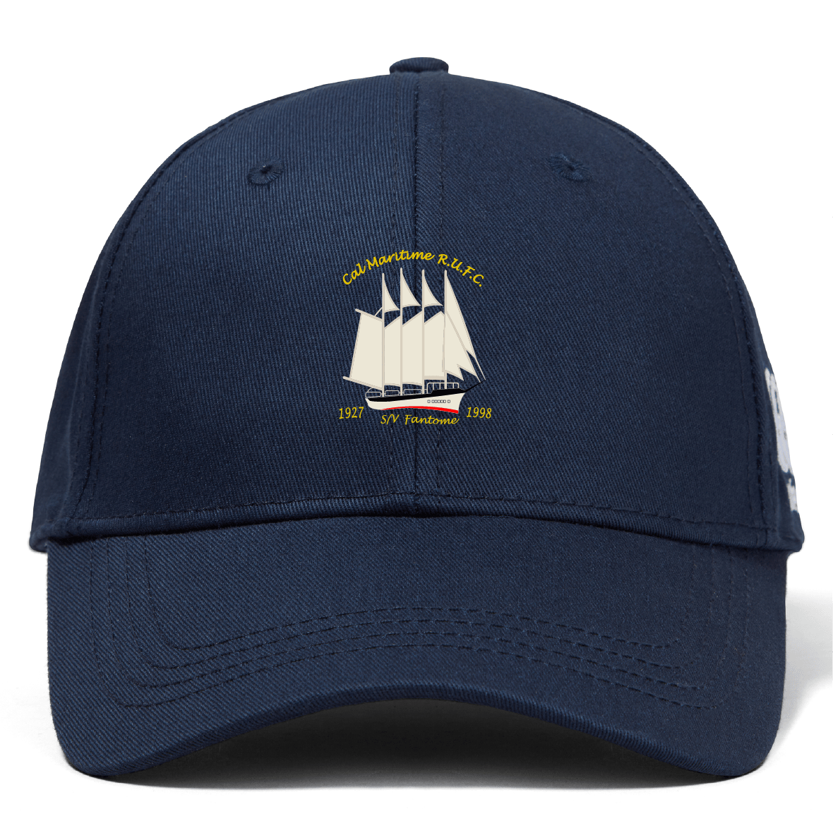 The Cal Maritime Rugby Flexfit Drill Cap by EMB Canterbury is a blue curved brim cap featuring a white sailboat on the front.