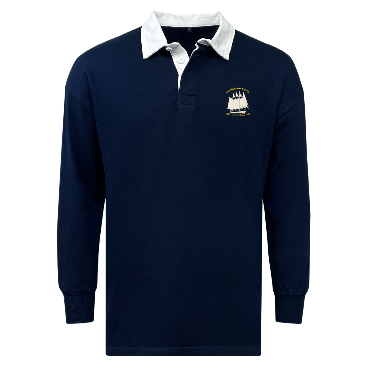 The EMB Mudoo Cal Maritime Rugby Classic Long Sleeve Solid Rugby Jersey features a navy blue color, white collar, small embroidered sailboat on the left chest, and is crafted from a soft cotton-poly blend jersey.