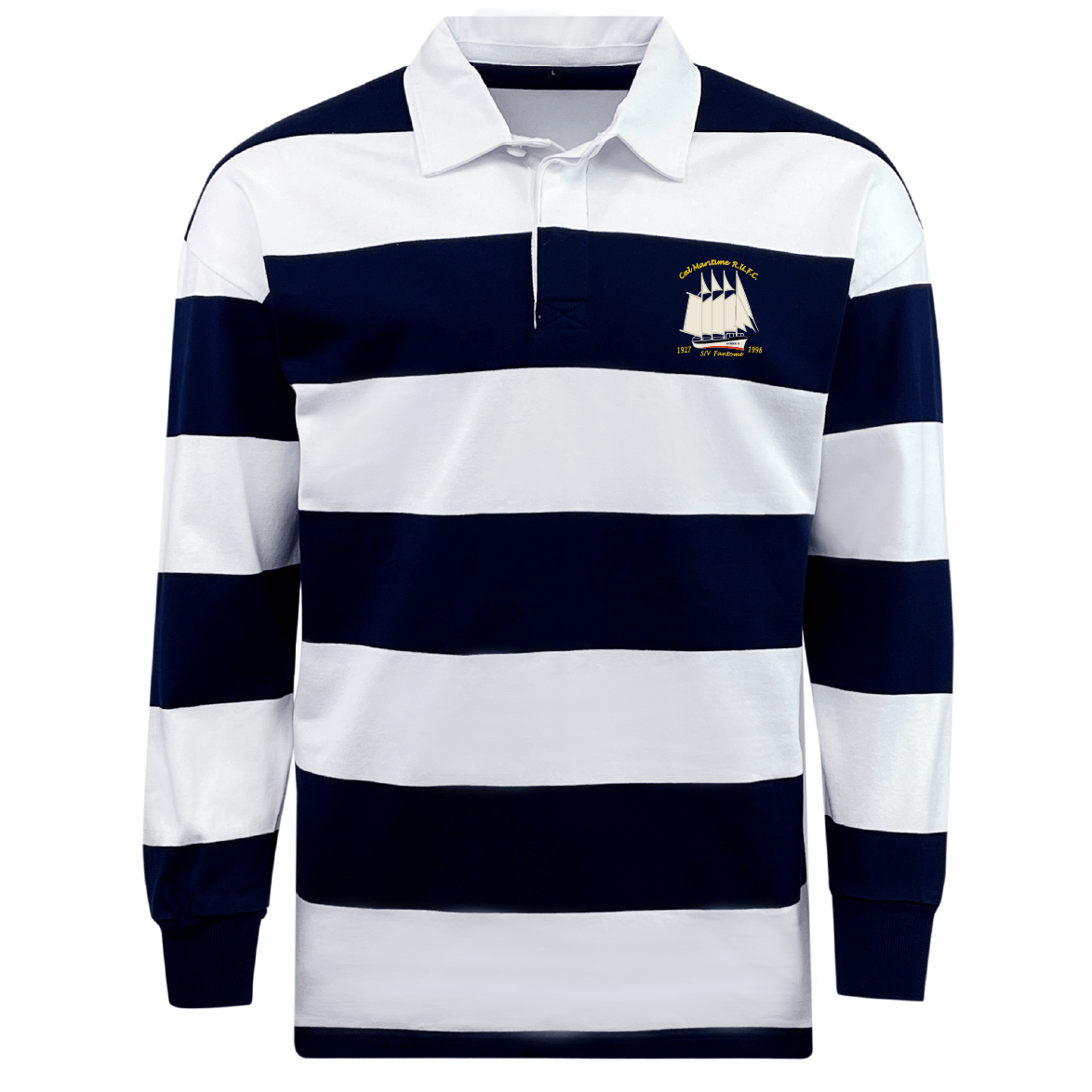 The EMB Mudoo Cal Maritime Rugby Classic Long Sleeve Hooped Rugby Jersey features wide navy and white stripes, a crisp white collar, and a ship emblem on the left chest for a timeless retro look.