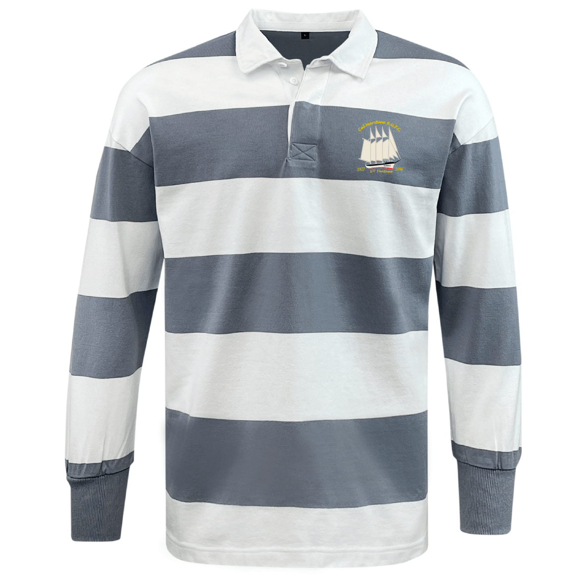 The EMB Mudoo Cal Maritime Rugby Classic Long Sleeve Hooped Jersey features wide gray and white stripes, a collar, button placket, and a small sailboat embroidery on the left chest.