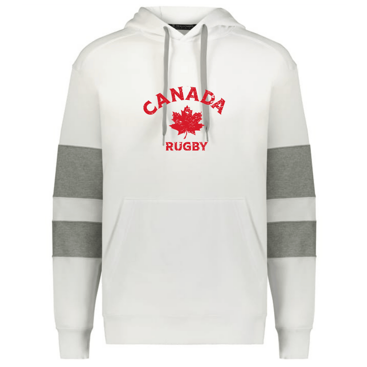 Display your pride in the Nations of Rugby Canada Jackson Way Hoodie by WRS Augusta—a white pullover with grey striped sleeves, bold "CANADA RUGBY" text, and a red maple leaf printed on the chest.