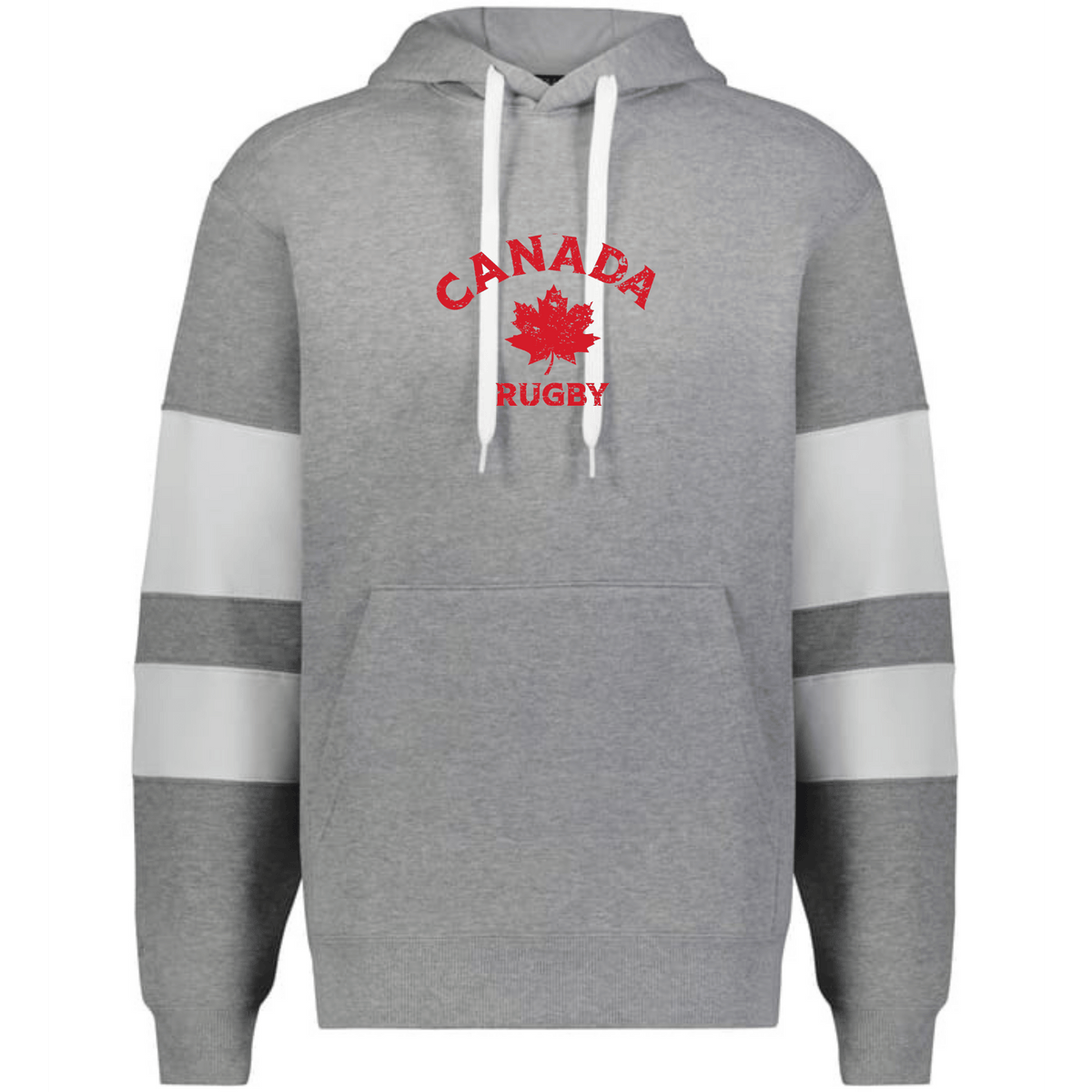 The WRS Augusta Nations of Rugby Canada Jackson Way Hoodie features a gray design with white drawstrings, white sleeve stripes, and "CANADA RUGBY" plus a red maple leaf printed on the front.