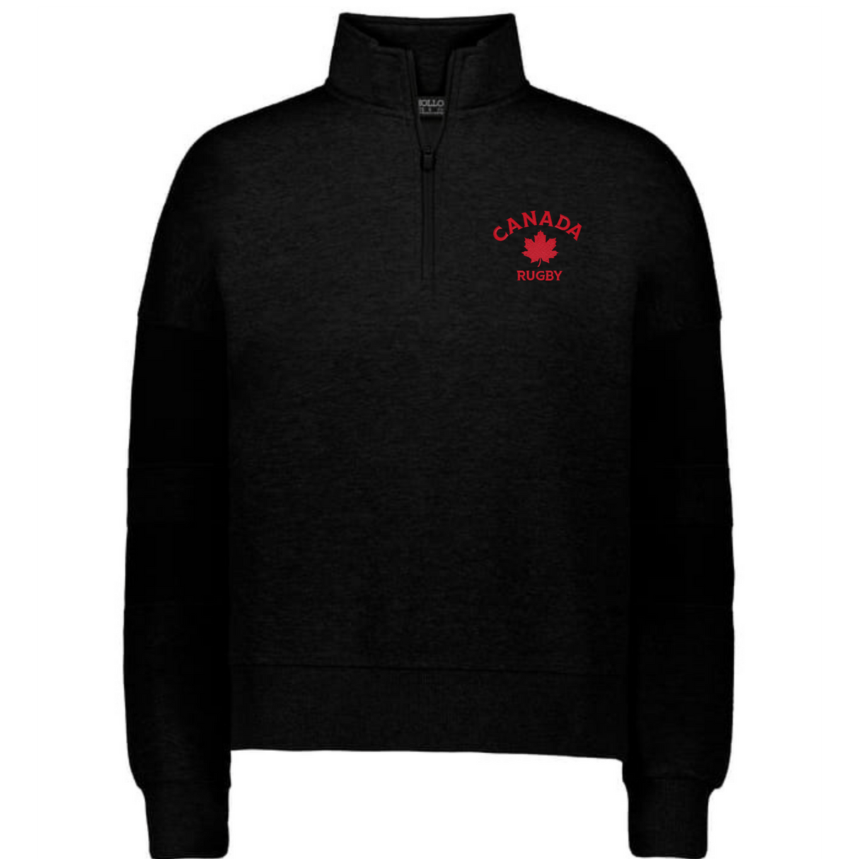 Show your pride in the Women's Nations of Rugby Canada Jackson Way Pullover by EMB Augusta—a black quarter-zip with a red maple leaf and bold "CANADA RUGBY" on the chest, perfect for rugby fans.