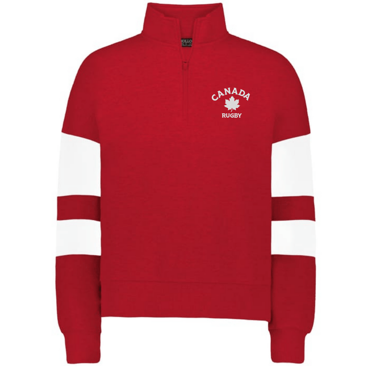 The EMB Augusta Women's Nations of Rugby Canada Jackson Way Pullover is a red quarter-zip with white sleeve stripes and a "Canada Rugby" maple leaf chest logo—ideal for rugby supporters.