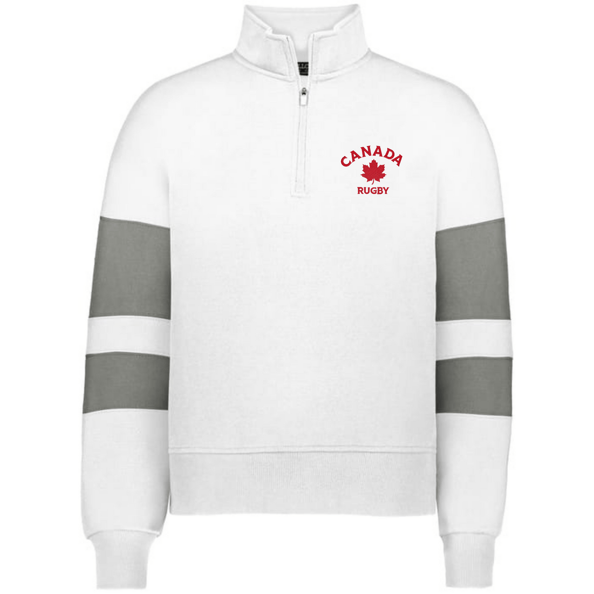 The EMB Augusta Women's Nations of Rugby Canada Jackson Way Pullover is a white quarter-zip cropped fleece with gray sleeve stripes and a red maple leaf "Canada Rugby" logo—perfect apparel for rugby supporters.
