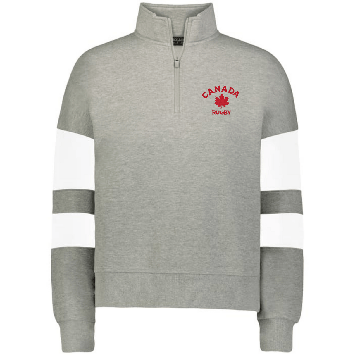 The EMB Augusta Women's Nations of Rugby Canada Jackson Way Pullover is a grey quarter-zip sweatshirt with white sleeve stripes and a red maple leaf "Canada Rugby" logo—ideal supporter gear for any rugby fan.