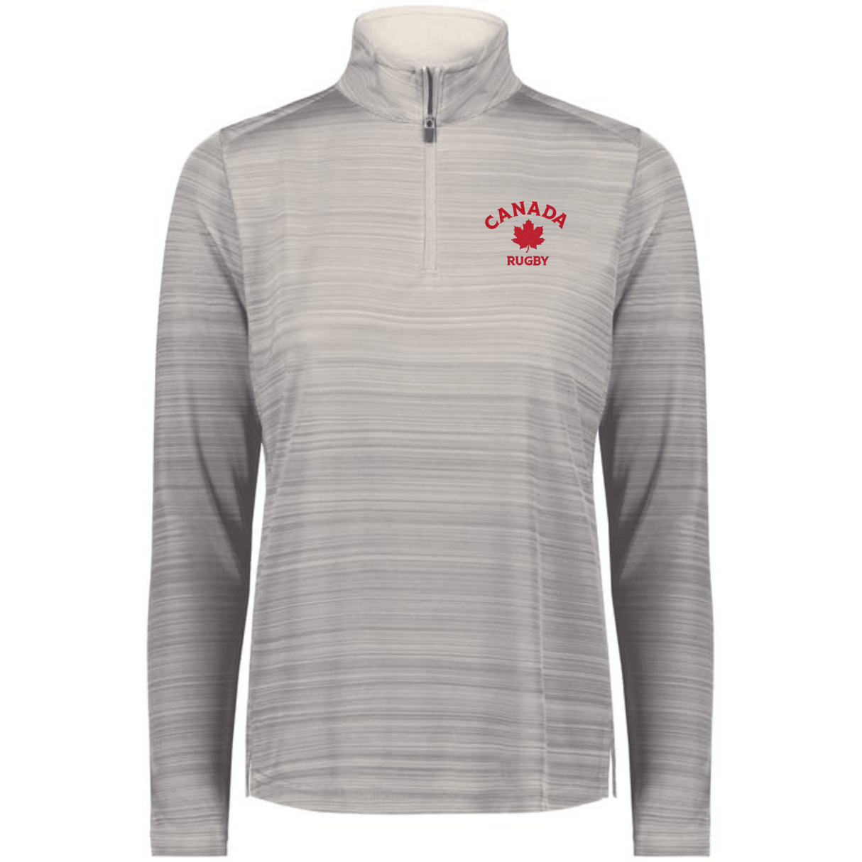 The EMB Augusta Women's Nations of Rugby Canada Pursuit 1/4 Zip Pullover is a light gray, long-sleeve top featuring "CANADA RUGBY" and a red maple leaf logo, made with moisture-wicking fabric for all-day comfort.