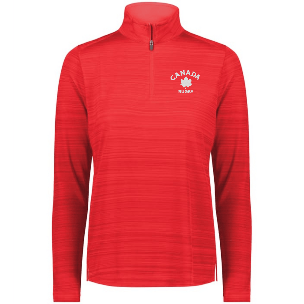 The EMB Augusta Women's Nations of Rugby Canada Pursuit 1/4 Zip Pullover features a maple leaf and "Canada Rugby" on the chest—ideal Canada rugby apparel for fans.