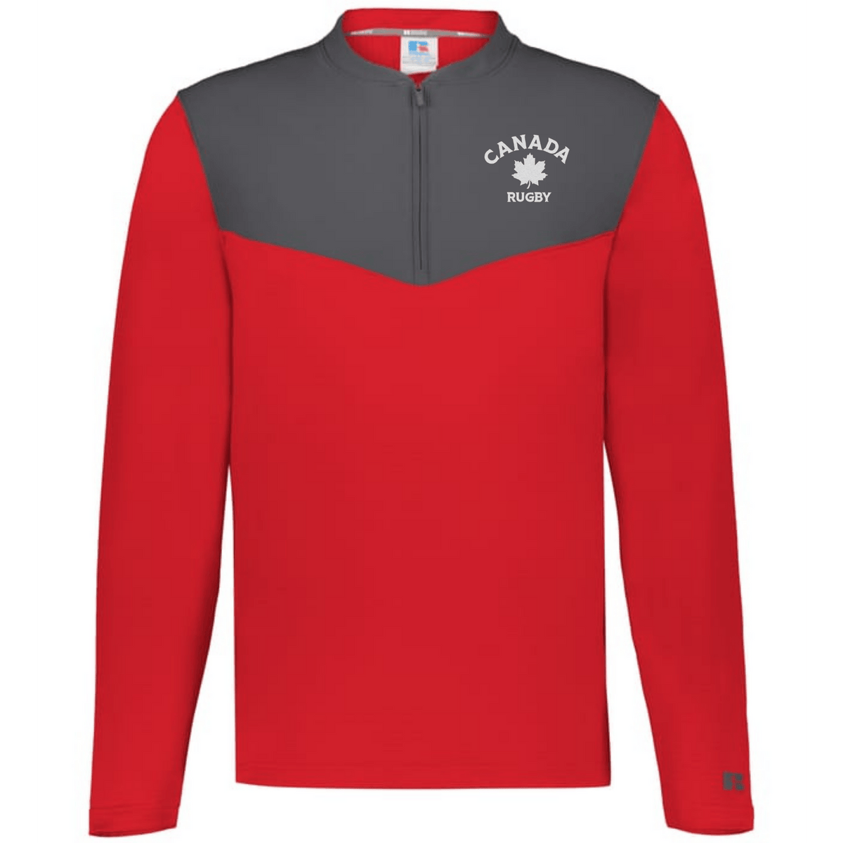 The EMB Augusta Nations of Rugby Canada Sideline Grid 1/4 Zip Pullover is a red and gray long-sleeve featuring a quarter-zip and "Canada Rugby" with a maple leaf logo on the left chest.