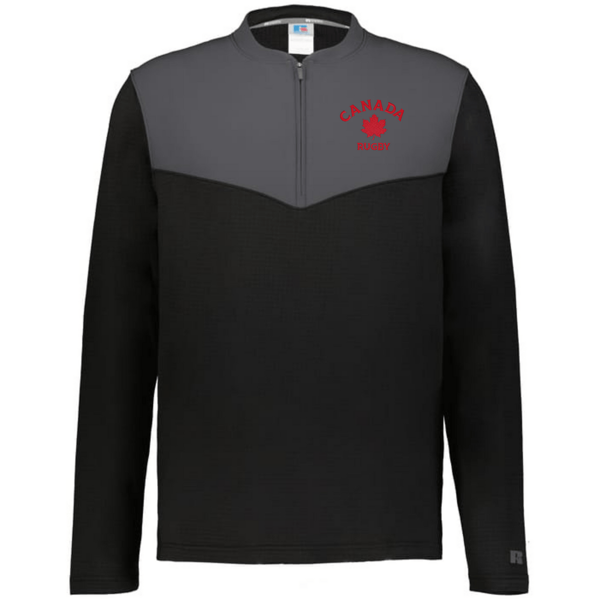 The EMB Augusta Nations of Rugby Canada Sideline Grid 1/4 Zip Pullover in black and gray features a red maple leaf and "CANADA RUGBY" on the chest—ideal apparel for Canada rugby fans.