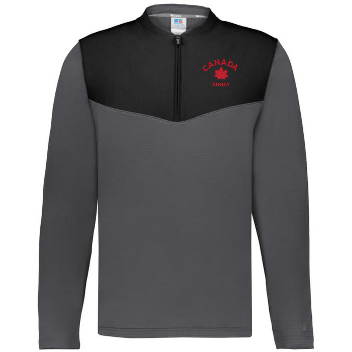 The EMB Augusta Nations of Rugby Canada Sideline Grid 1/4 Zip Pullover features a gray and black design with a red maple leaf and "Canada Rugby" on the chest—a perfect pick for any rugby fan.