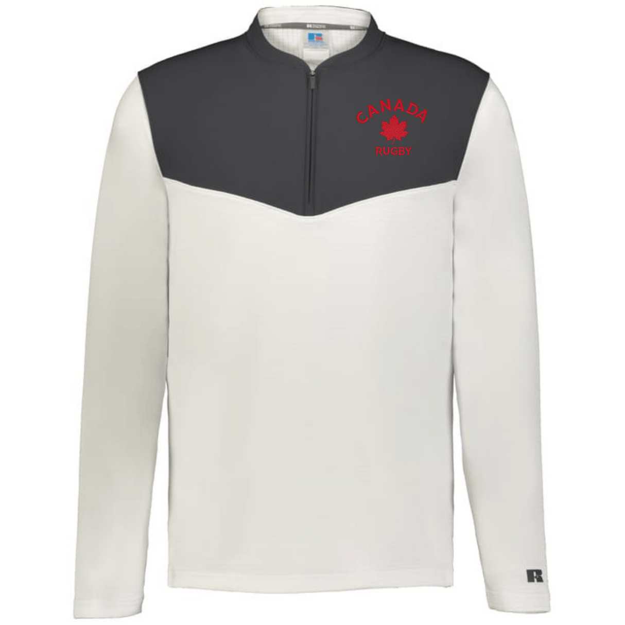 The EMB Augusta Nations of Rugby Canada Sideline Grid 1/4 Zip Pullover features a white design with dark gray yoke, fleece collar, and "Canada Rugby" with red maple leaf logo on the chest—ideal for showing your Canada rugby pride.