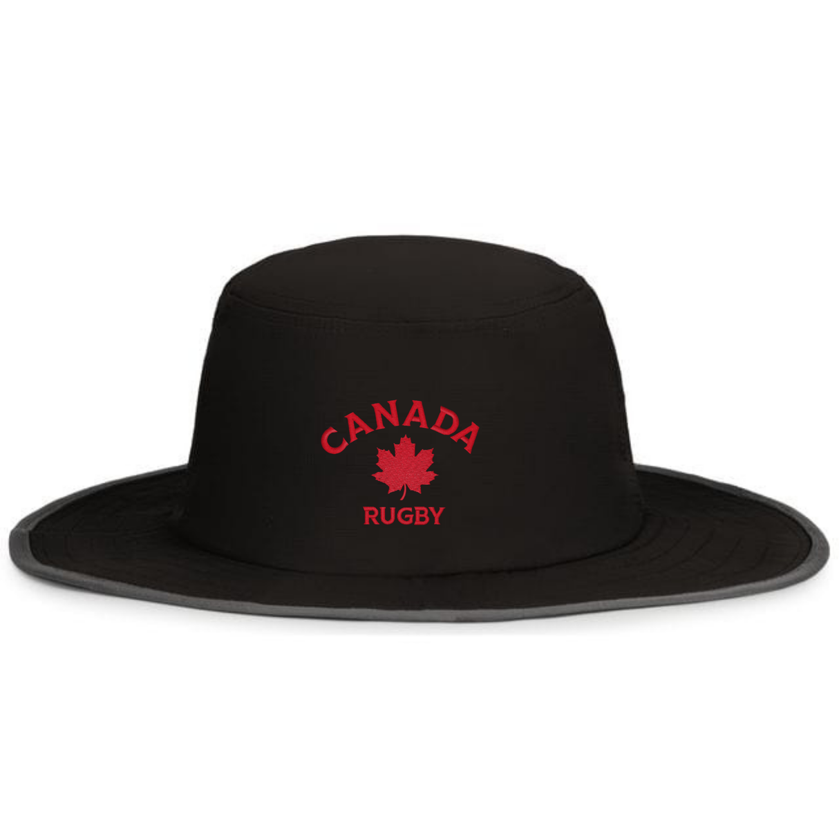 The EMB Augusta Nations of Rugby Canada Rugby Perforated Boonie Cap is a black, wide-brim hat with "Canada Rugby" and a red maple leaf logo on the front—ideal for any rugby supporter.