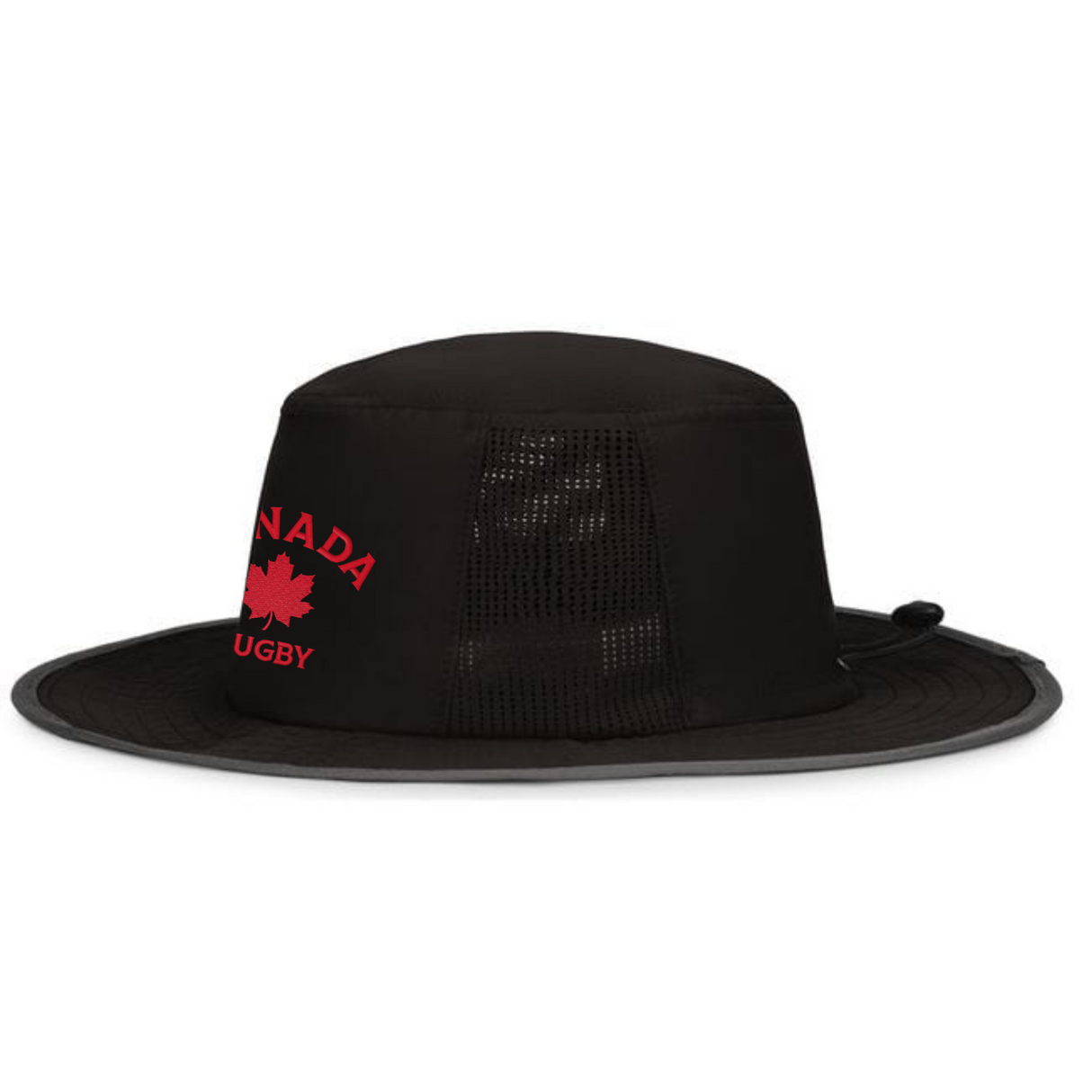 The EMB Augusta Nations of Rugby Canada Rugby Perforated Boonie Cap features mesh side panels and a red maple leaf "Canada Rugby" logo—perfect for any rugby fan’s cap collection.