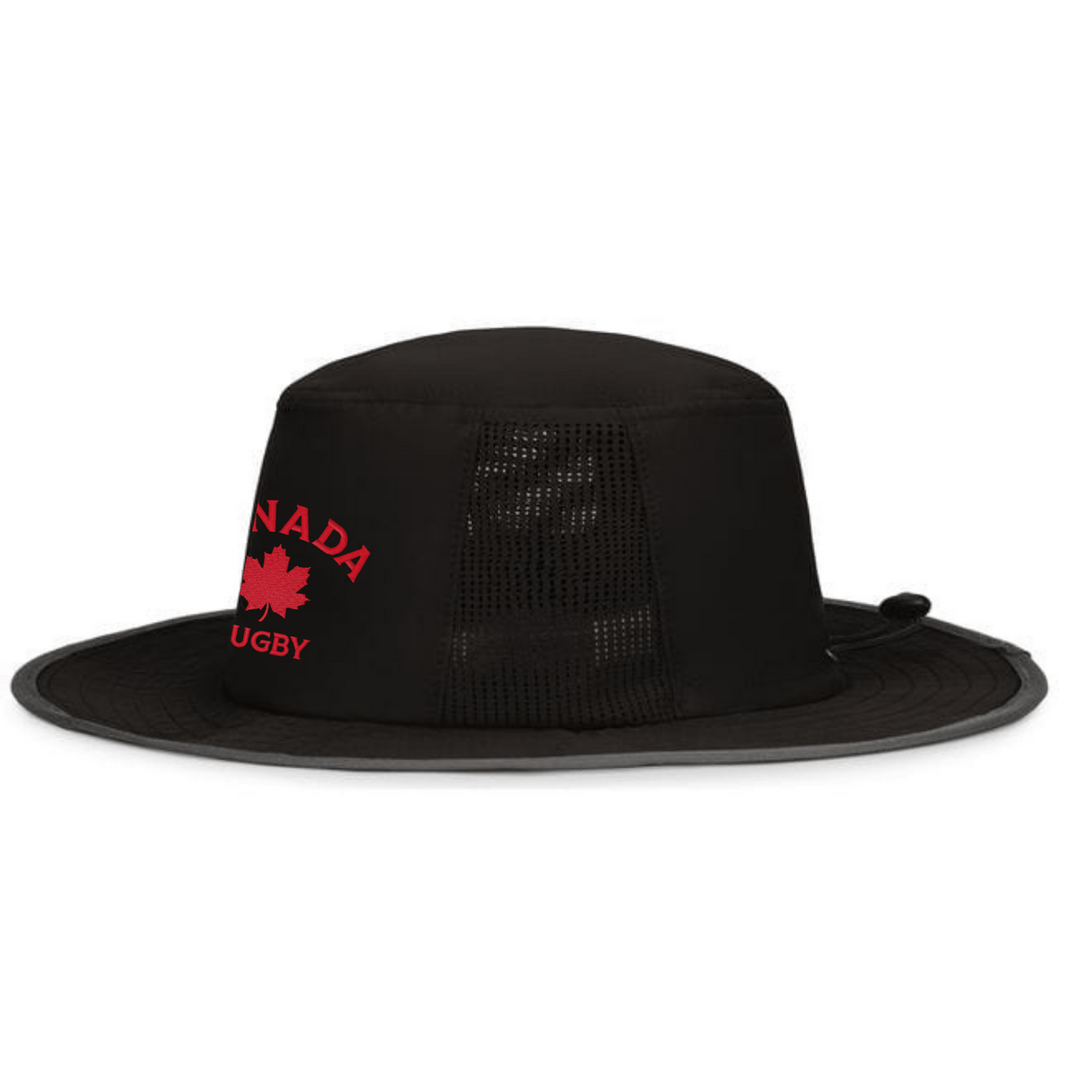 The EMB Augusta Nations of Rugby Canada Rugby Perforated Boonie Cap features mesh side panels and a red maple leaf "Canada Rugby" logo—perfect for any rugby fan’s cap collection.