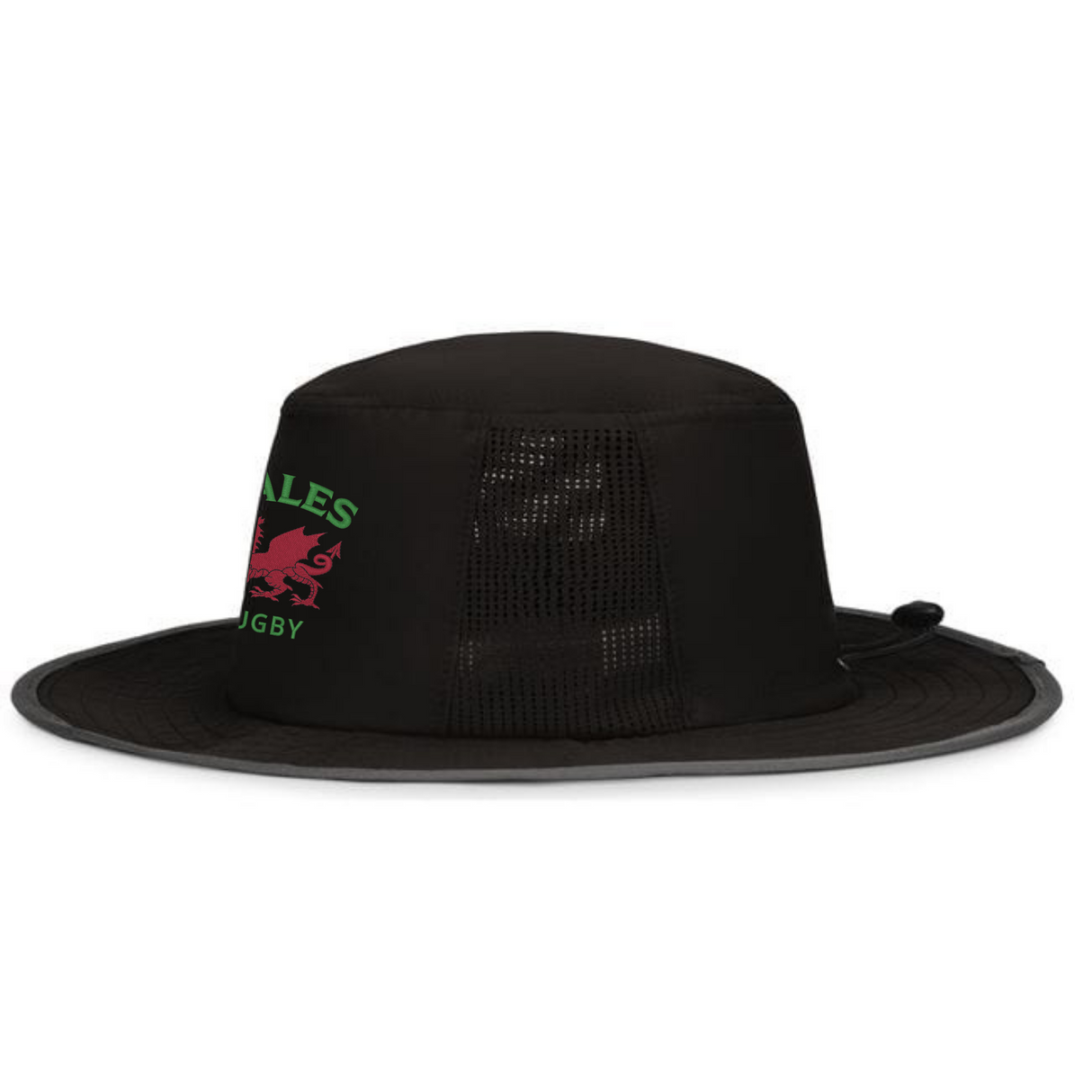 The EMB Augusta Nations of Rugby Wales Rugby Legend Boonie Cap features a wide brim, mesh side panels, and "WALES RUGBY" logo with red dragon—ideal supporter gear for any Welsh rugby fan.