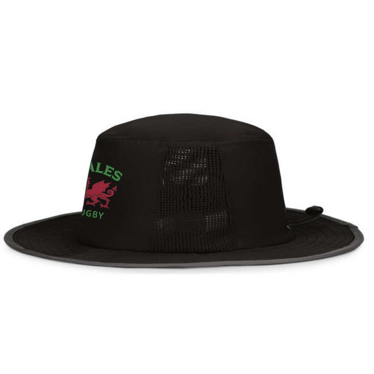 The EMB Augusta Nations of Rugby Wales Rugby Legend Boonie Cap features a wide brim, mesh side panels, and "WALES RUGBY" logo with red dragon—ideal supporter gear for any Welsh rugby fan.