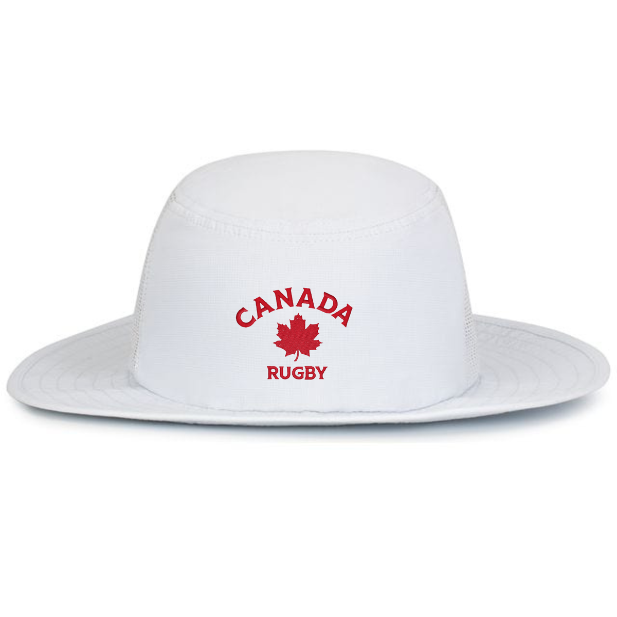 The EMB Augusta Nations of Rugby Canada Rugby Perforated Boonie Cap features "Canada Rugby" and a red maple leaf on the front—ideal for rugby fans.