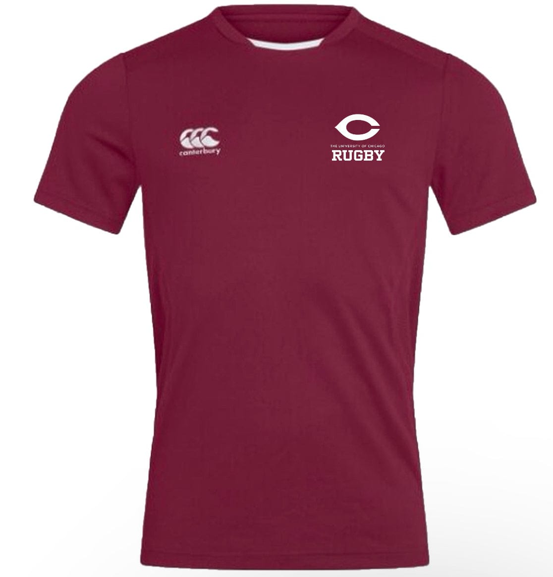 The University of Chicago Club Dry Tee by EMB Canterbury is a maroon rugby shirt featuring a white logo and "CANTERBURY RUGBY" text, enhanced with Vapodri Technology for breathability.
