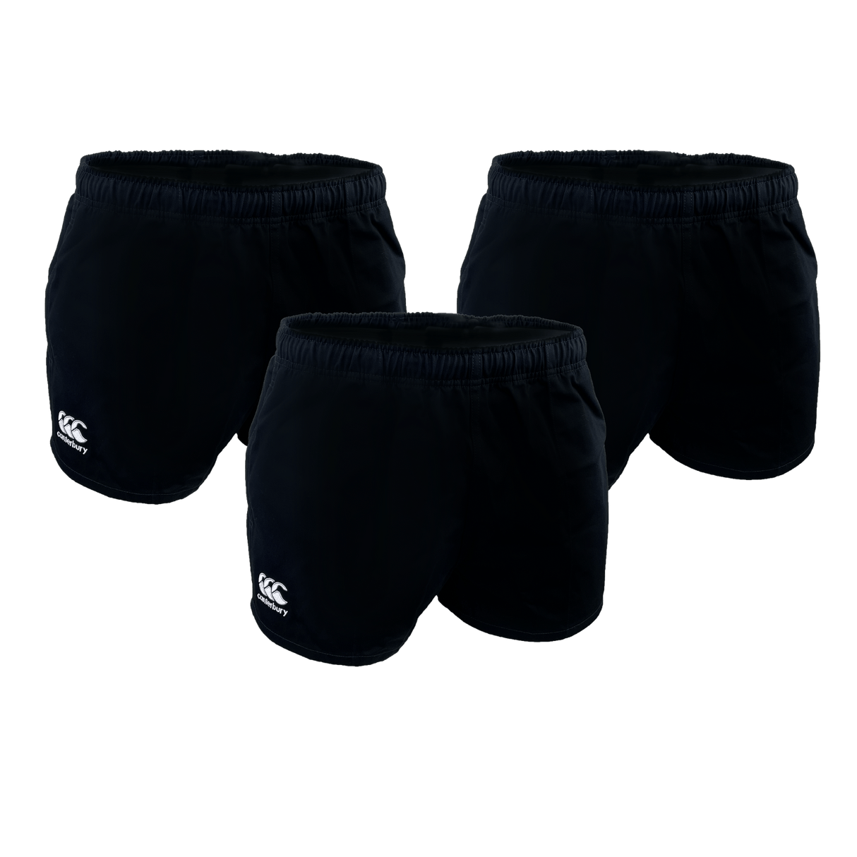 The Canterbury Classics Rugged Drill Short 3-Pack Bundle, by Bundle Canterbury, is shown on a white background. These shorts, made from 100% cotton and featuring a white logo on the left thigh, offer comfort and durability for any workout.