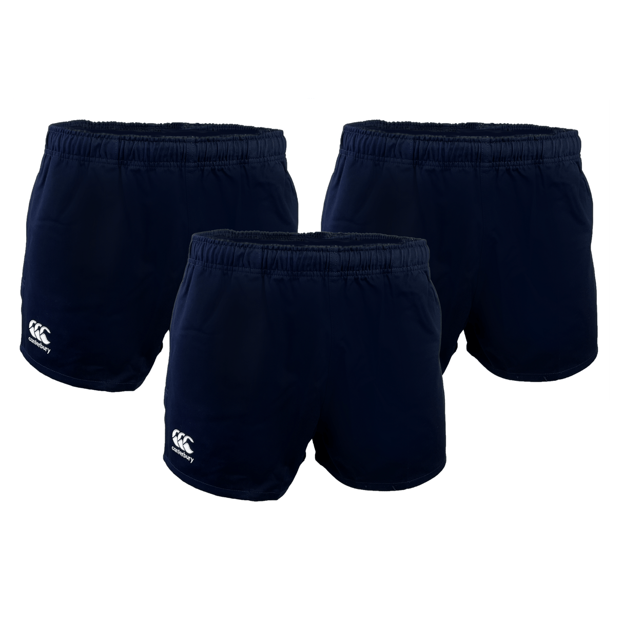 The Canterbury Classics Rugged Drill Short 3-Pack Bundle from Bundle Canterbury includes three pairs of black athletic shorts made of 100% cotton with elastic waistbands and a small white logo on the left leg.