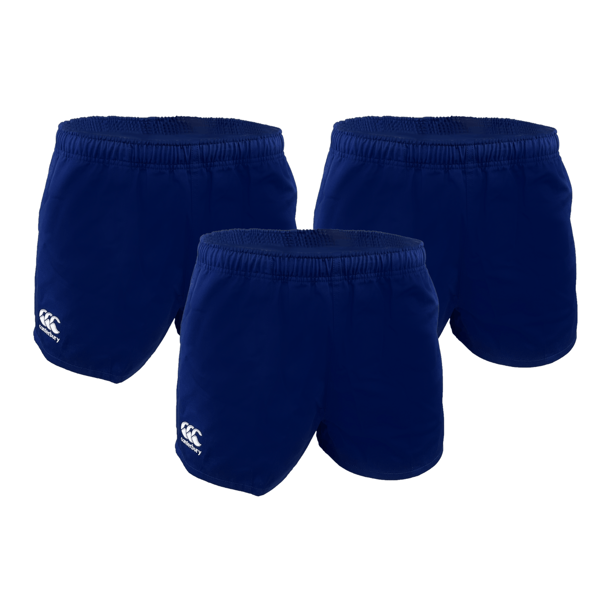 Three pairs of blue Canterbury Classics Rugged Drill Shorts from Bundle Canterbury, featuring a logo on the left leg, are shown against a white background. These shorts offer durability and style for any active wardrobe.