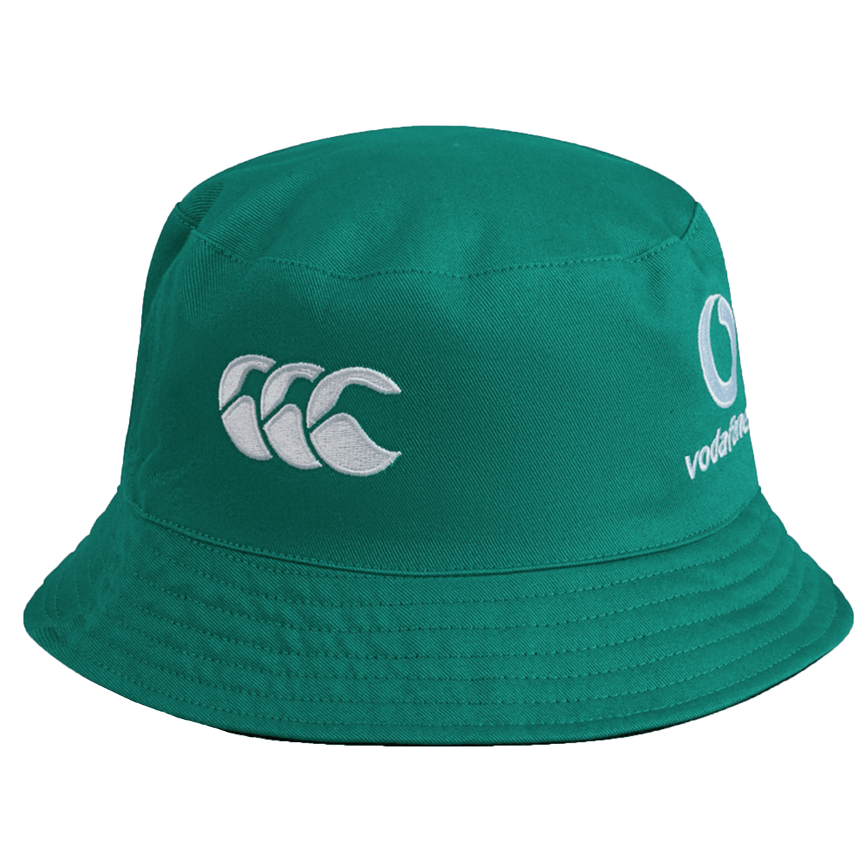 A green Ireland 24 Reversible Bucket Hat by Canterbury featuring white stitched logos of Vodafone and Canterbury on the front, perfect for any Ireland 24 supporter.
