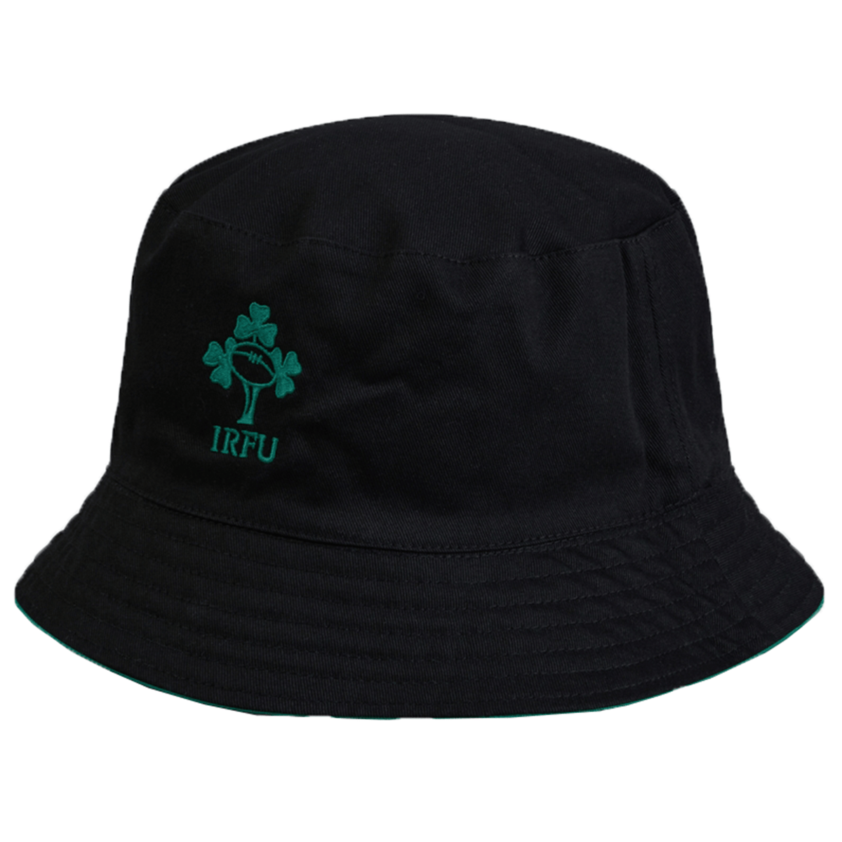 A black, reversible bucket hat featuring the IRFU logo with a green shamrock and "IRFU" text embroidered on the front, making it a perfect addition for any Ireland 24 fan. This is the Ireland 24 Reversible Bucket Hat by Canterbury.