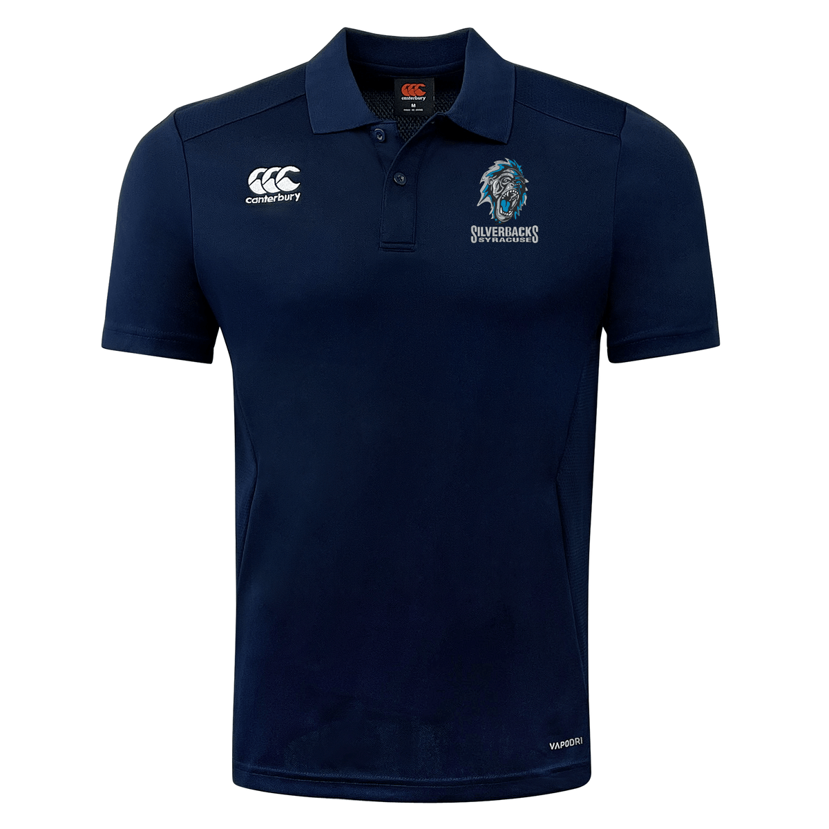 Navy blue Syracuse Silverbacks Club Dry Polo by Canterbury featuring Vapodri Technology, embroidered logos on the chest including a white "EMB Canterbury" logo, a lion's head, and the words "Silverbacks Sevens" in light blue.