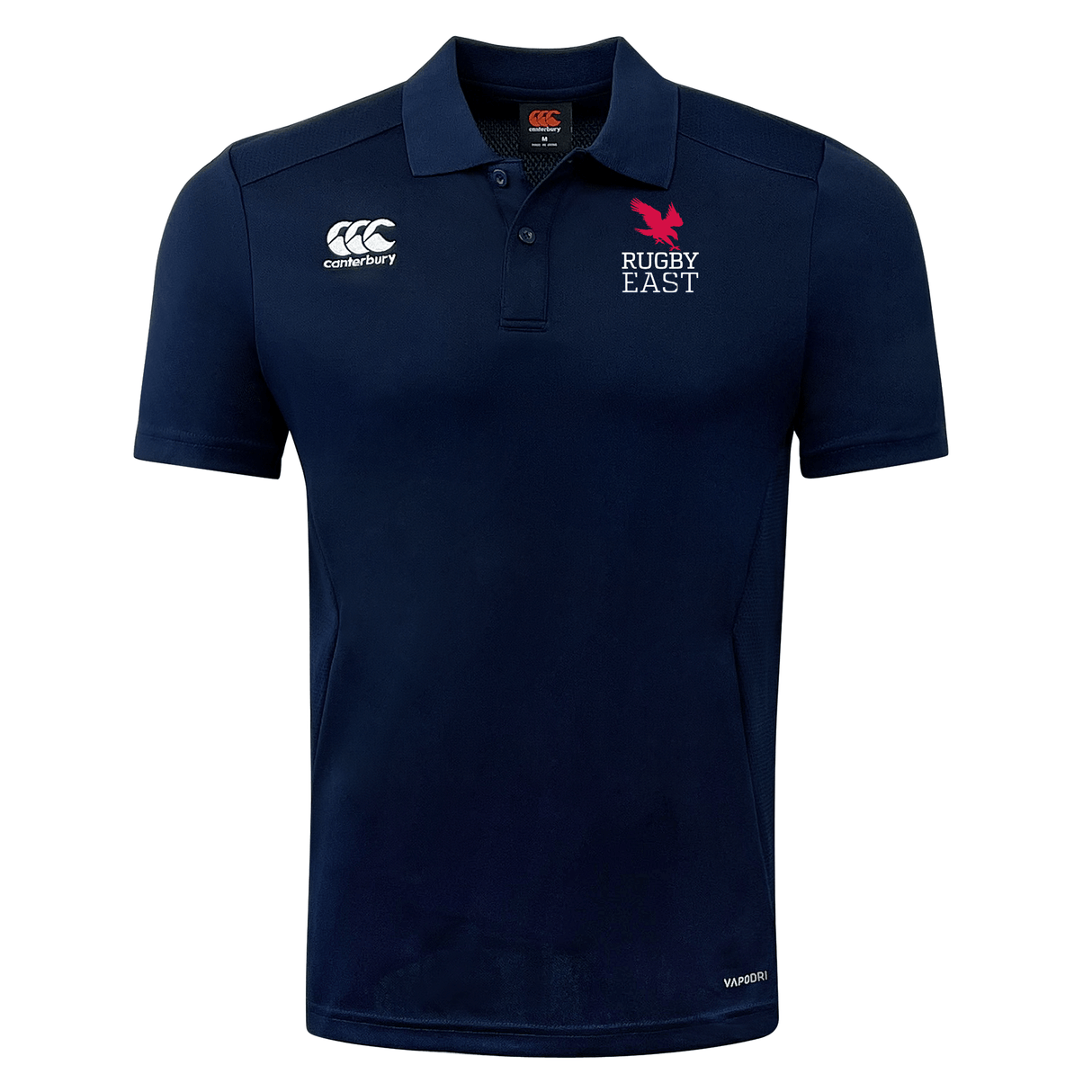 A navy blue polo shirt with short sleeves, featuring white and red logos on the chest and the word "EMB Canterbury" on the collar. Designed as a Rugby East Conference Club Dry Polo by Canterbury, it incorporates Vapodri Technology to ensure it's breathable and comfortable for all-day wear.