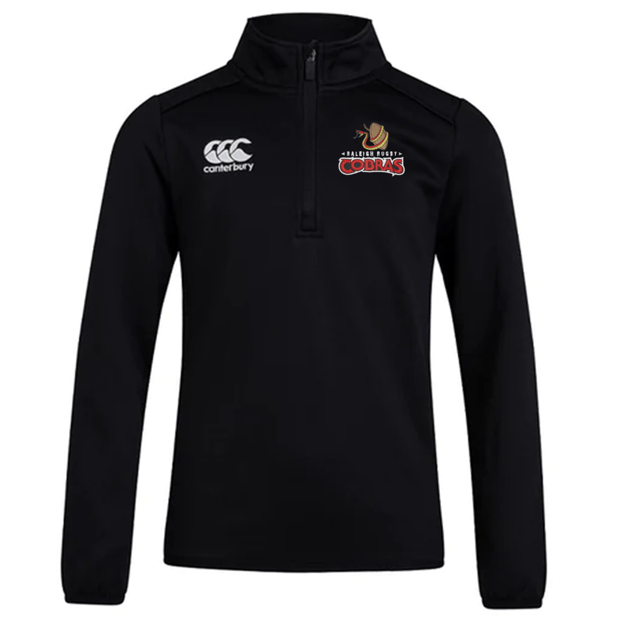 A black hooded sweatshirt with the logo of Raleigh Cobras Rugby Club on the front, the Raleigh Cobras Rugby Club 1/4 Zip Training Top by Canterbury.