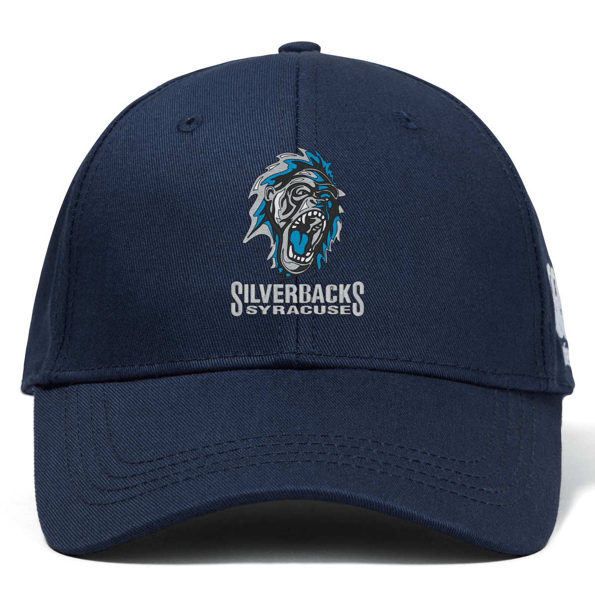 A navy blue Syracuse Silverbacks Flexfit Drill Cap by Canterbury featuring the logo of an aggressive-looking gorilla and the text "Silverbacks Syracuse" on the front.
