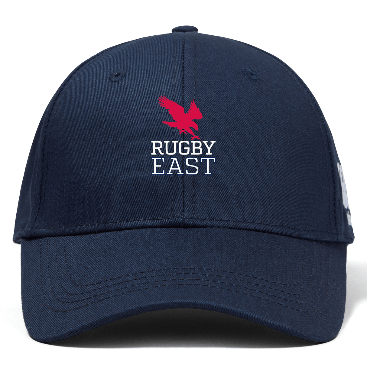 A navy blue Rugby East Conference Flexfit Drill Cap by Canterbury featuring a red bird and the text "Rugby East" embroidered on the front.